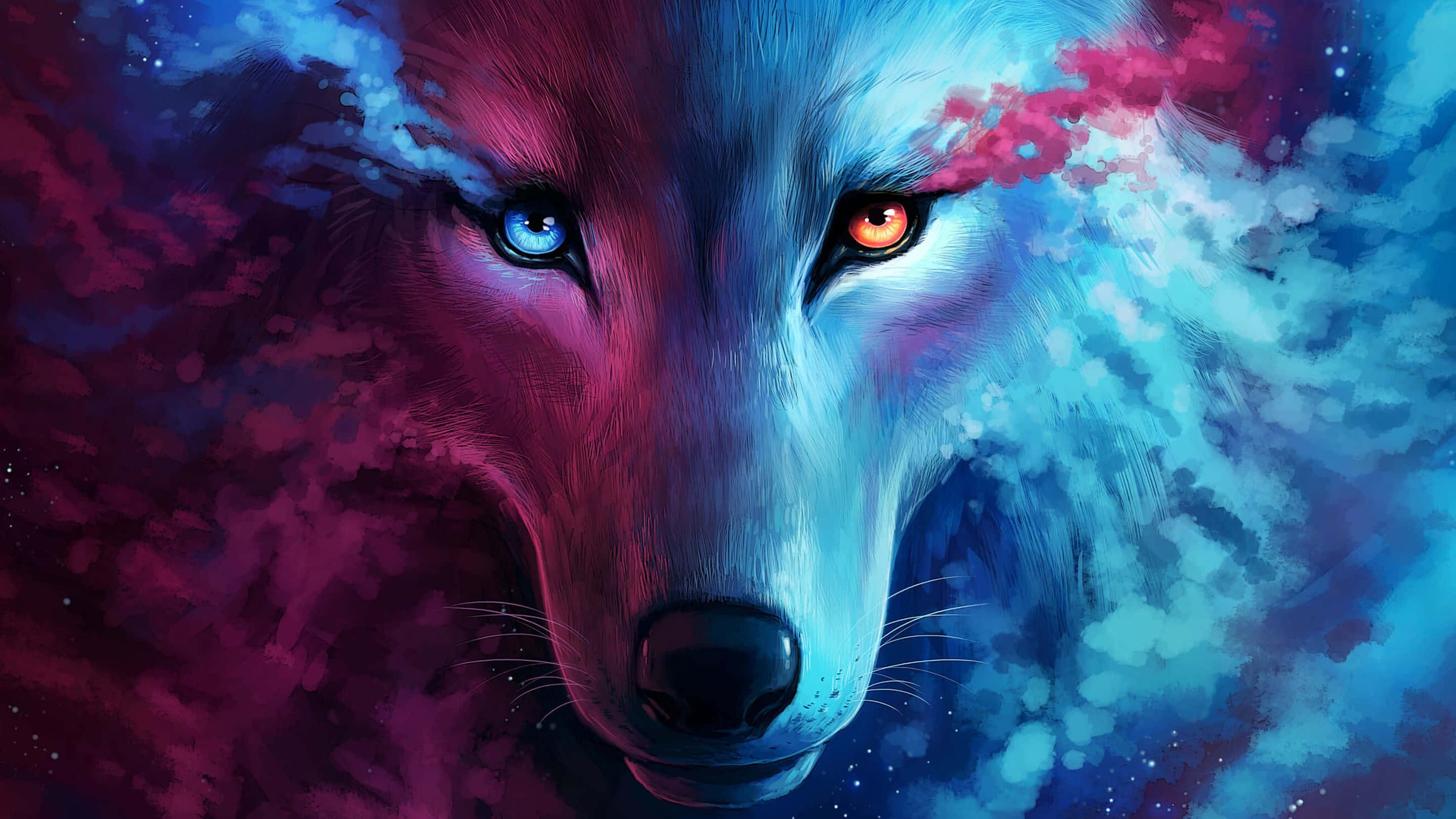 3d Wolf 桌布 壁紙 — 一隻數位藝術狼，有一隻藍色和一隻橙色的眼睛，背景是粉紅色和藍色雲組成的宇宙星雲。