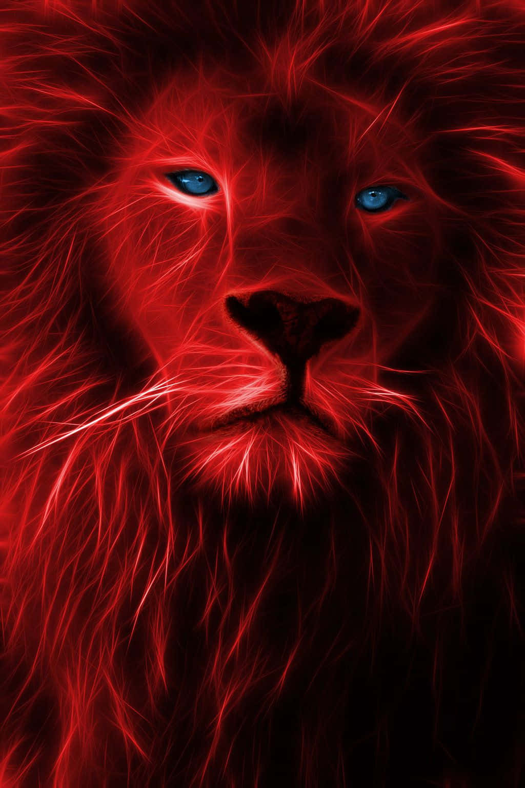 Lions 桌布 壁紙 — 一隻數位藝術獅子，擁有發光的紅色毛髮和銳利的藍色眼睛，在黑暗背景下強烈凝視。