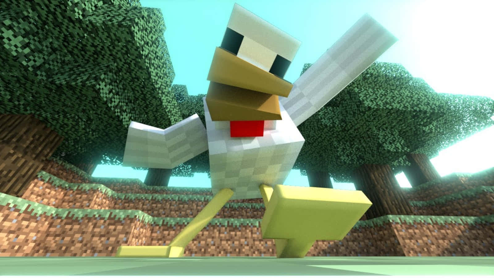 鴨子 桌布 壁紙 — 一隻方塊狀的Minecraft雞站在像素森林中，有綠樹和棕色泥土，天空明亮。