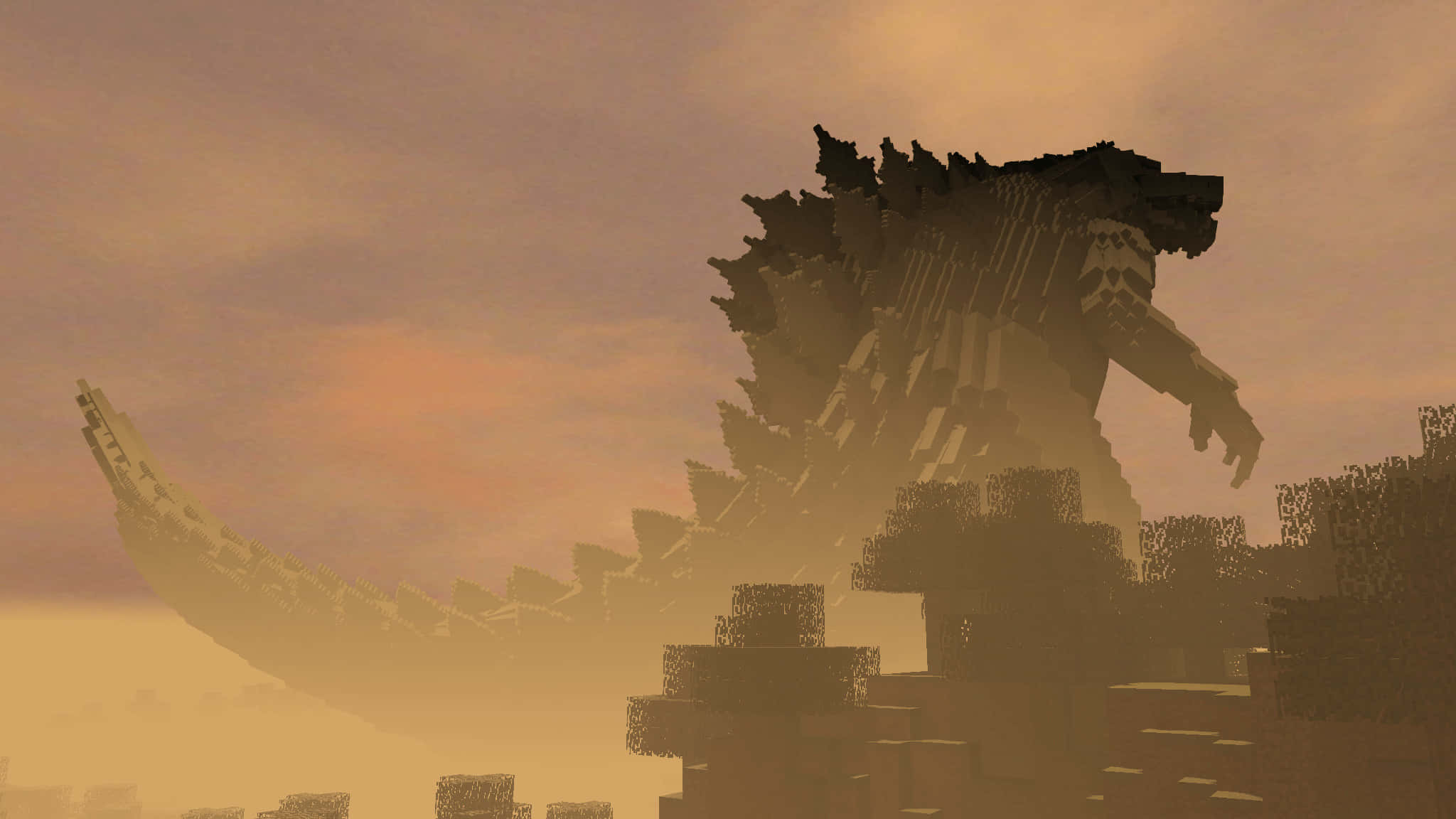 Godzilla Earth 桌布 壁紙 — 一隻方塊狀的哥吉拉站在像素化的城市景觀上，天空是朦朧的橙色。