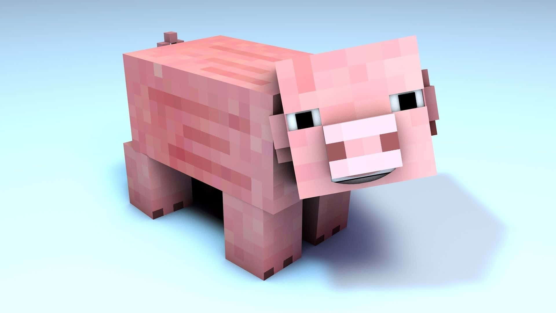 Minecraft Pig 桌布 壁紙 — 一隻方塊狀的粉紅色Minecraft豬站在帶有像素紋理的柔和漸變藍色背景前。