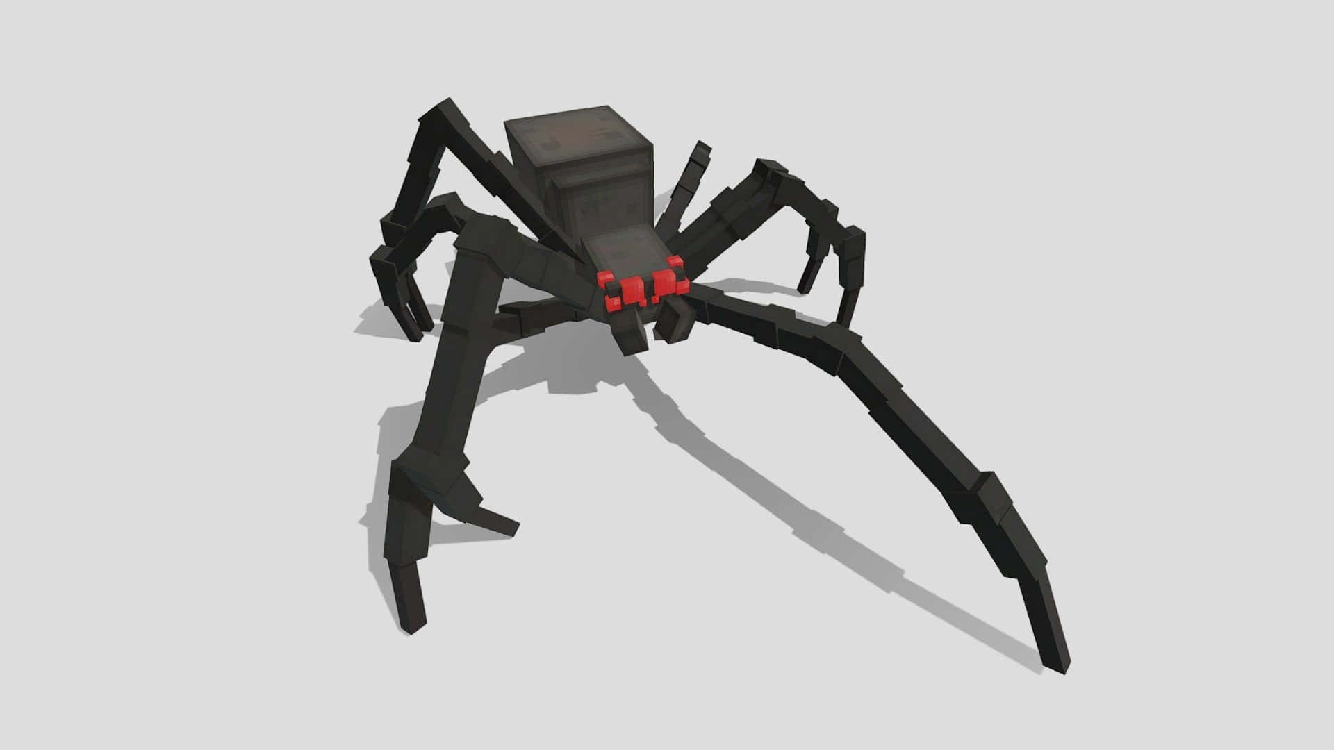 Minecraft Spider 桌布 壁紙 — 一隻方塊狀的黑色蜘蛛，有著紅色的眼睛和鋒利的腿，在純灰色背景上投下長長的影子。