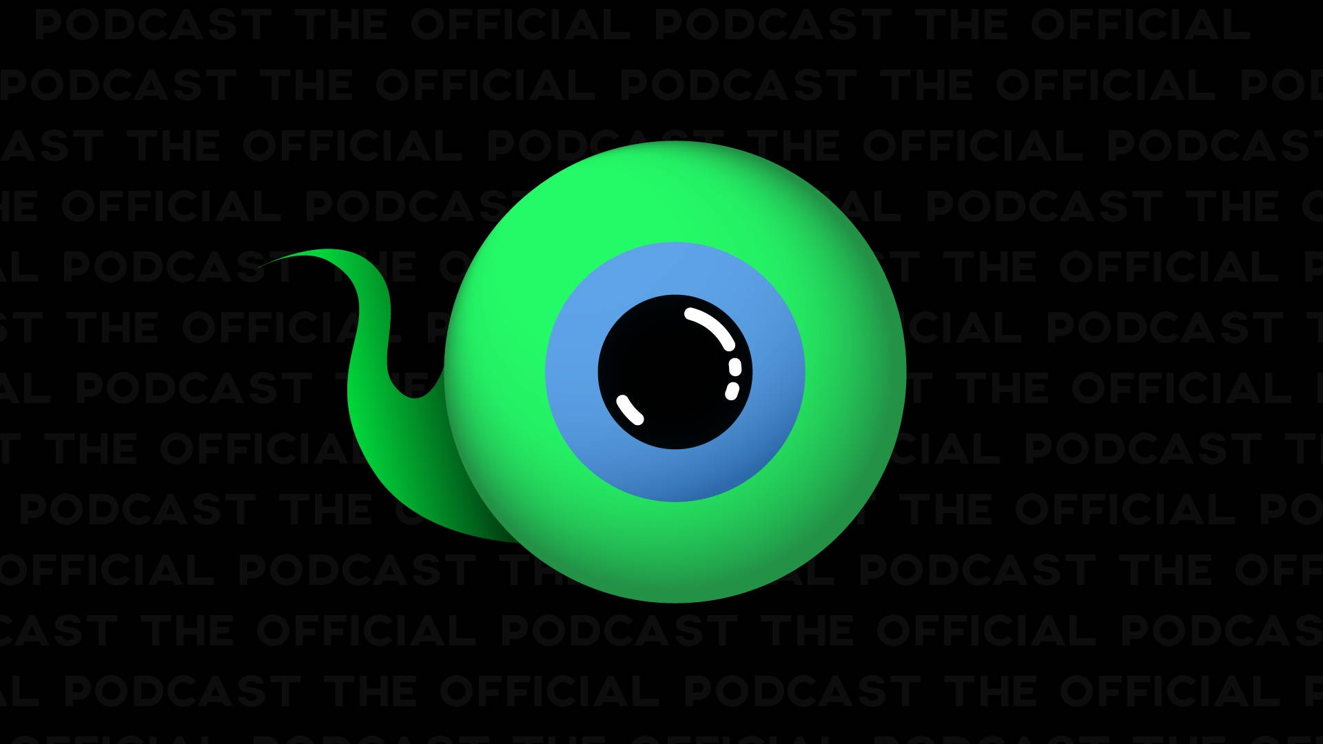 Jacksepticeye 桌布 壁紙 — 一隻明亮的綠色卡通眼睛，帶有藍色虹膜和黑色瞳孔，在充滿重複播客文字的黑暗背景上發光。