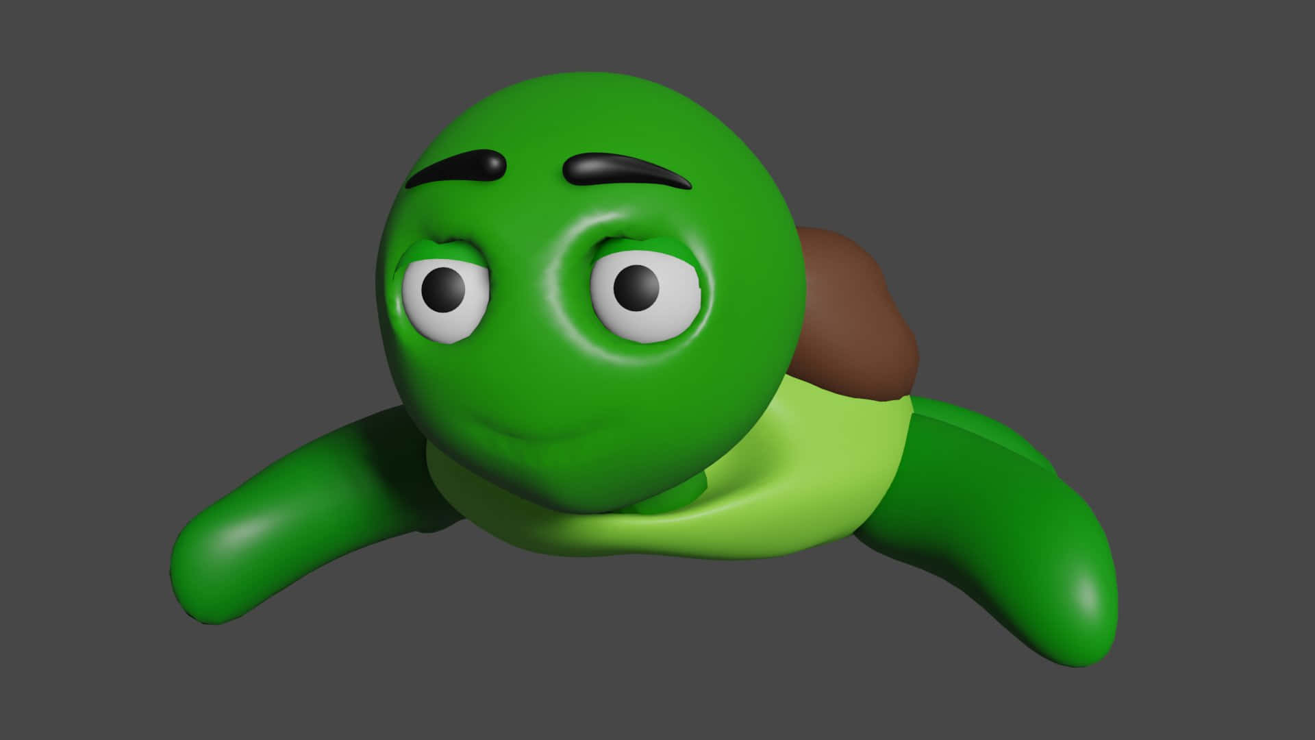 Cartoon Turtle 桌布 壁紙 — 一隻明亮綠色、3D 渲染的卡通烏龜，有大眼睛和棕色龜殼，漂浮在灰色背景上。