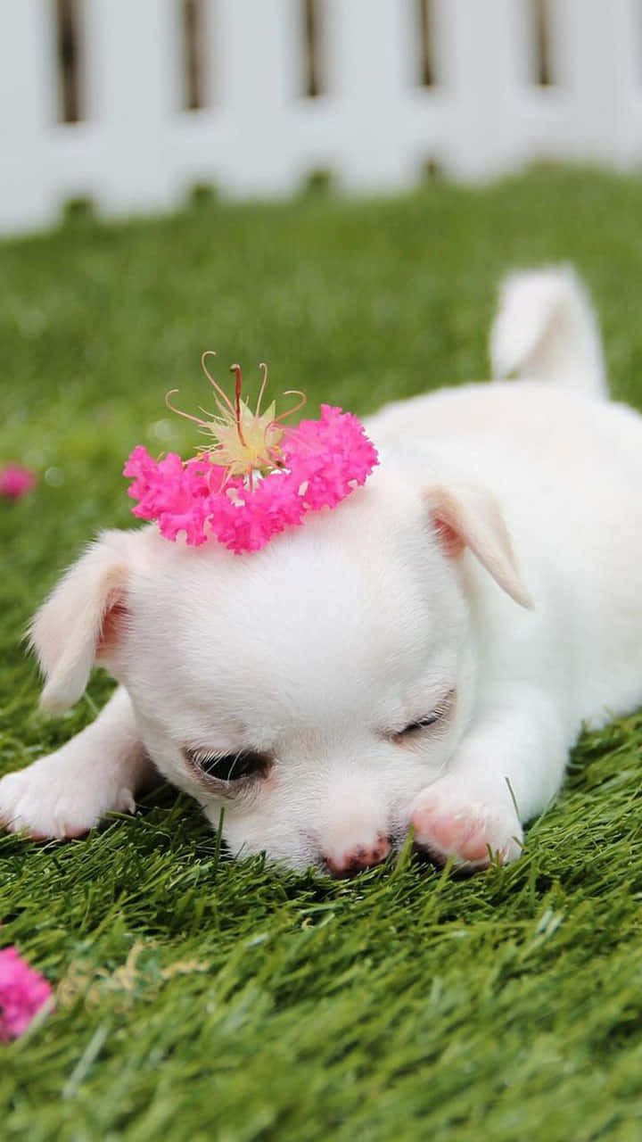 Pink Puppies 桌布 壁紙 — 一隻昏昏欲睡的白色小狗躺在充滿活力的綠色草地上，頭上戴著一朵亮粉色的花冠。