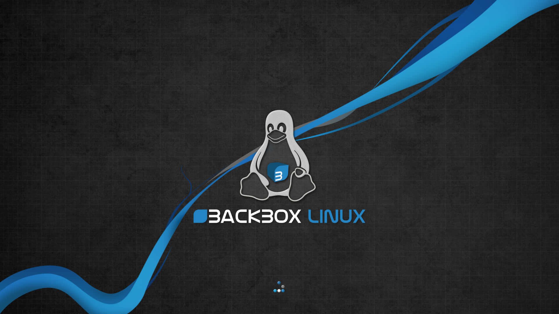 Linux 桌布 壁紙 — 一隻時尚的企鵝吉祥物，在帶有流動藍色條紋的深色紋理背景上，手持一個帶有數字三的藍色立方體。