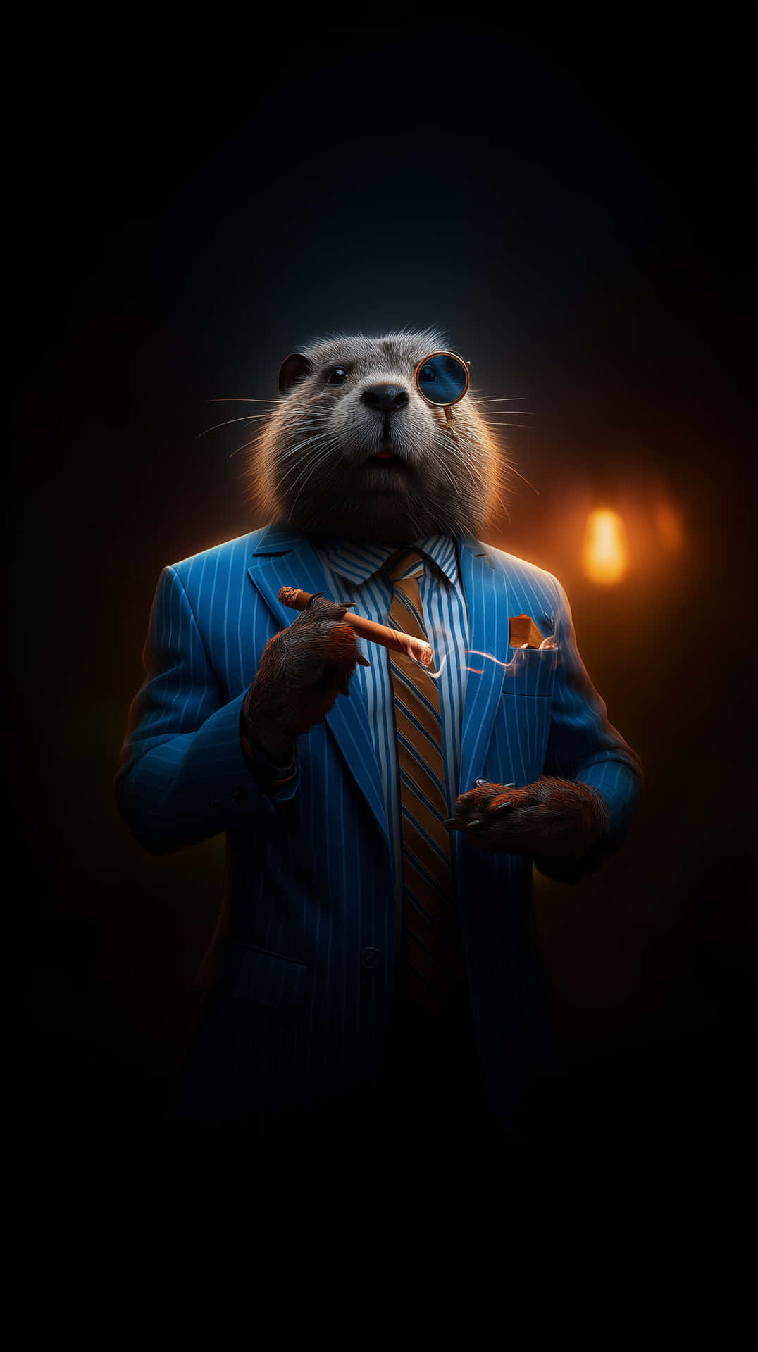 Beaver in Pinstripe Suit with Cigar and Monocle 壁紙 — 一隻時尚的海狸穿著藍色細條紋西裝和條紋領帶，在戲劇性的溫暖燈光下拿著雪茄。