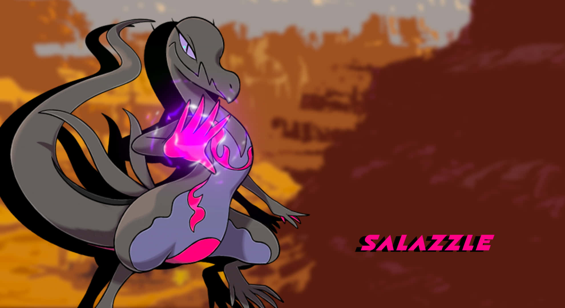 寶可夢 桌布 壁紙 — 一隻時尚的灰色Salazzle，胸前閃爍著粉紅色能量脈衝，背景是火熱的橙色和紅色日落。