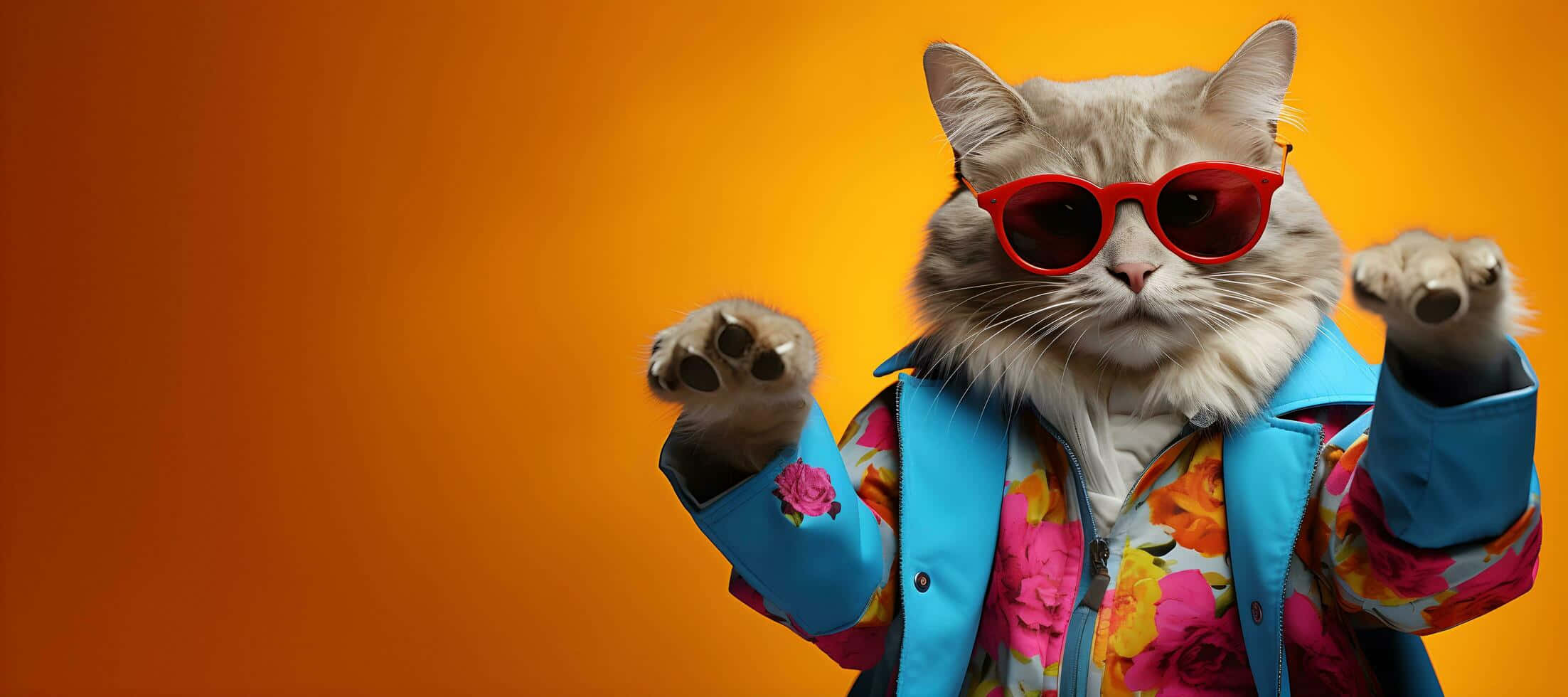 Dancing Cat 桌布 壁紙 — 一隻時尚的貓咪戴著紅色太陽眼鏡和花卉圖案外套，在充滿活力的橙色背景前自信地擺姿勢。