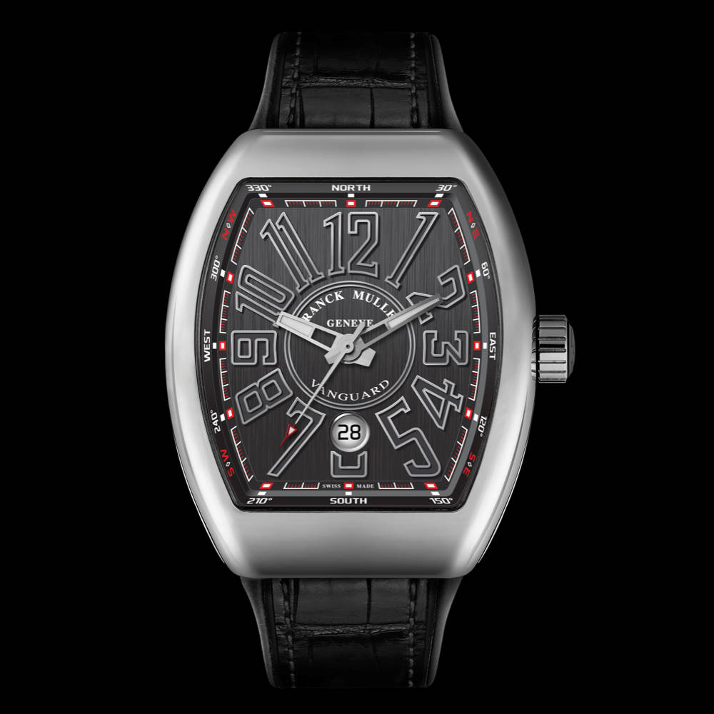 白色 桌布 壁紙 — 一隻時尚的銀色 Franck Muller Languard 手錶，配黑色皮革錶帶和指南針風格錶盤，襯以黑色背景。