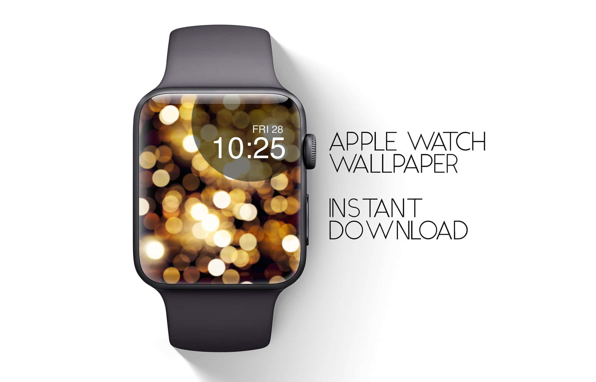 Apple Watch 動態 桌布 壁紙 — 一隻時尚的黑色Apple Watch在純白背景上顯示金色散景桌布，並帶有時間和日期。