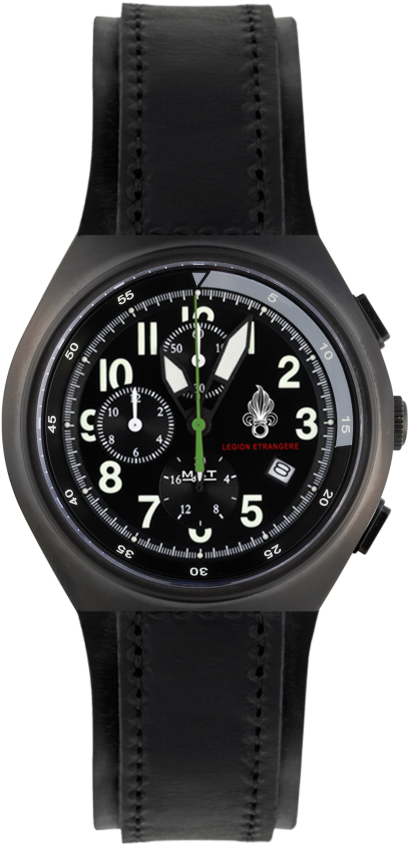 Timepiece 桌布 壁紙 — 一隻時尚的黑色手錶，配備皮革錶帶和醒目的白色數字，在柔和的青綠色背景上顯得格外突出。