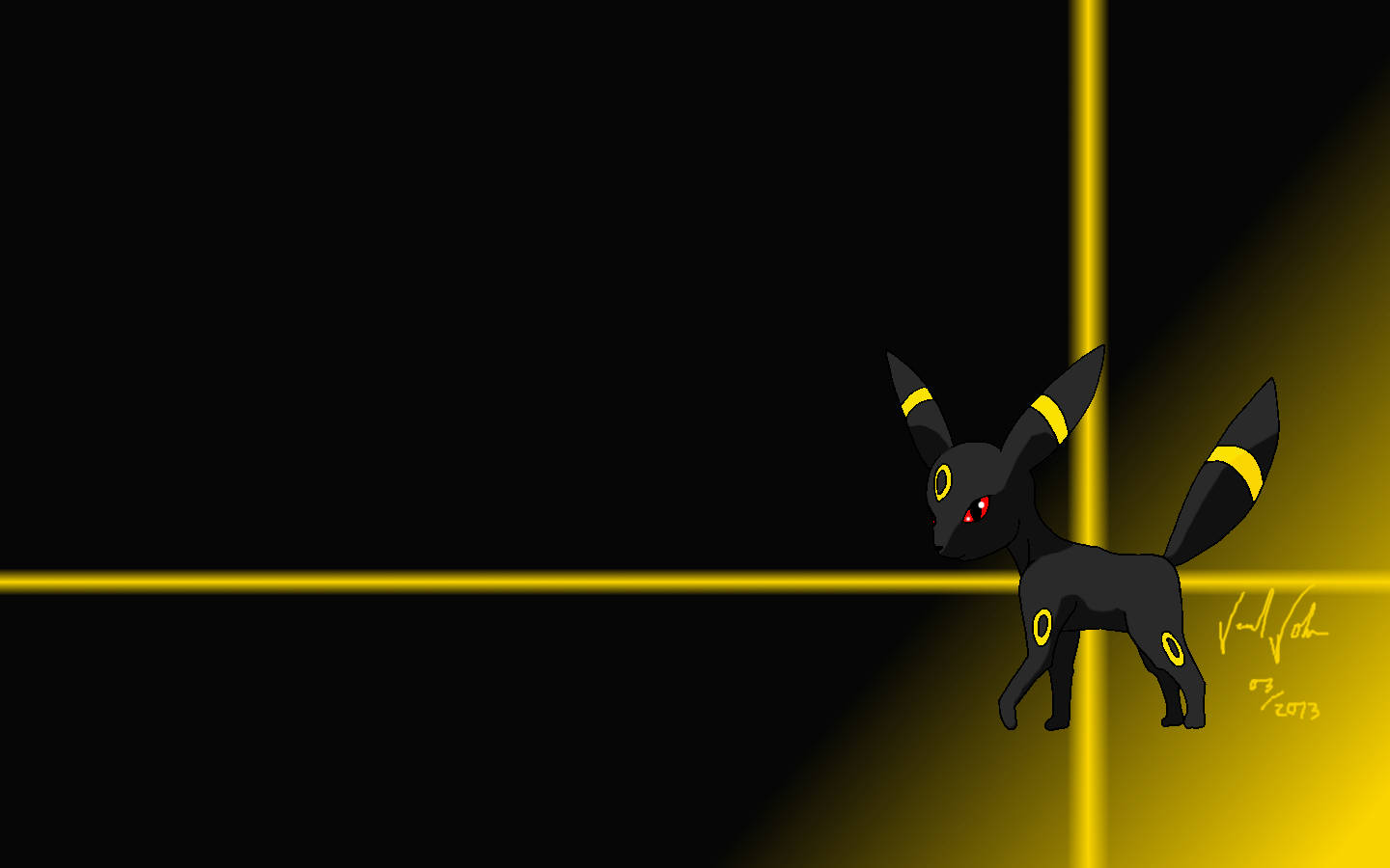 Umbreon 桌布 壁紙 — 一隻時尚的黑色月亮伊布，帶有發光的黃色標記，站在一個由大膽金色線條照亮的極簡黑暗房間中。