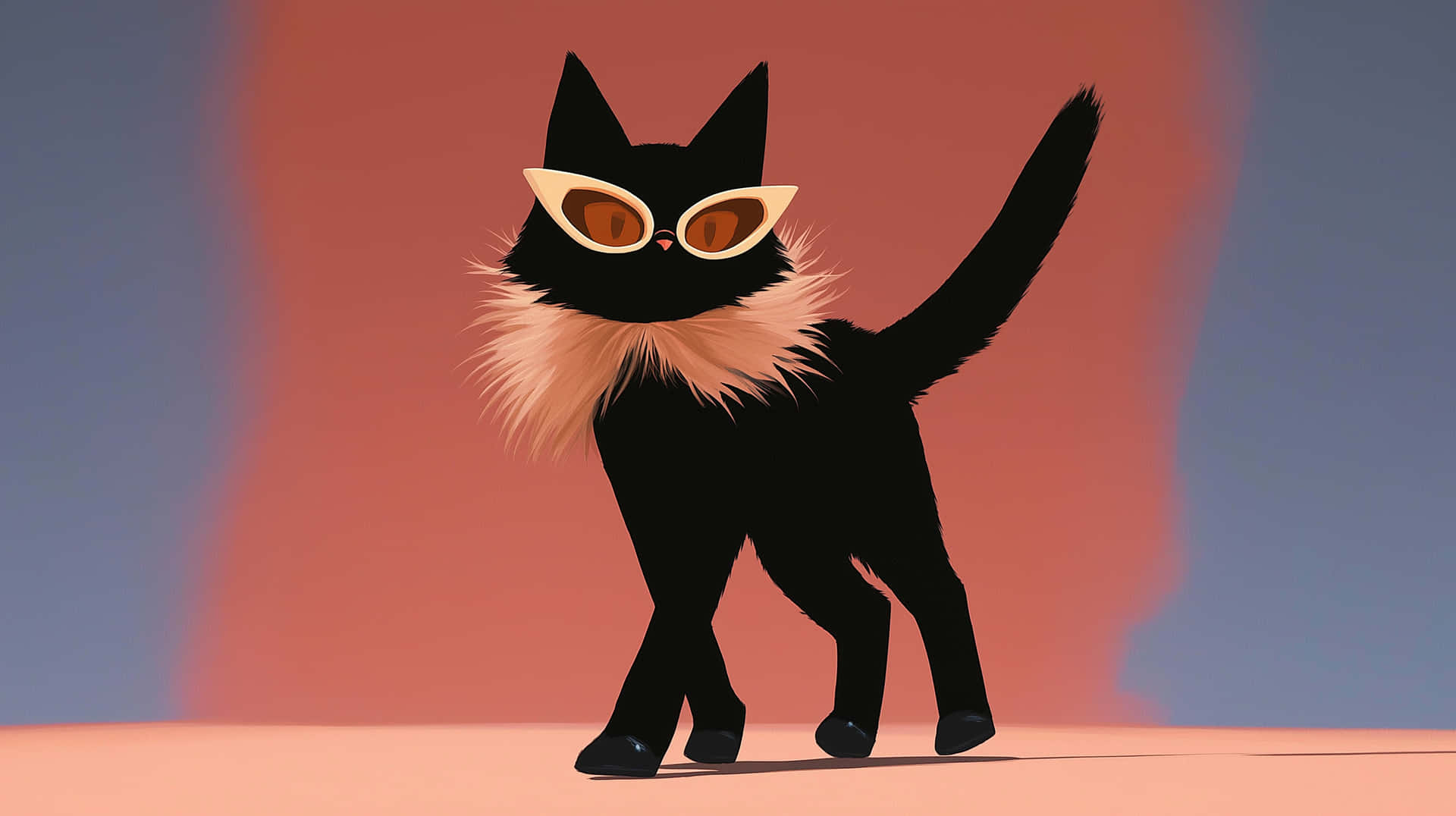 Stylish Black Cat Strutting Down a Fashion Runway in Sunglasses 壁紙 — 一隻時尚的黑貓，戴著毛茸茸的蜜桃色項圈和復古太陽眼鏡，在漸變日落背景下擺出自信的姿勢。