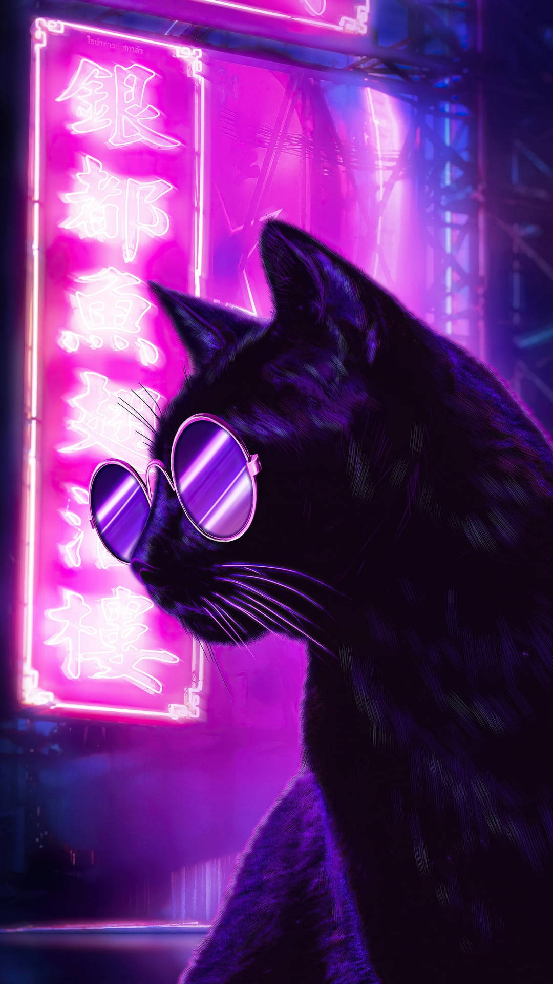 Dark Neon 桌布 壁紙 — 一隻時尚的黑貓戴著圓形太陽眼鏡，站在一個發光的粉紅色霓虹燈牌前，上面有亞洲文字。