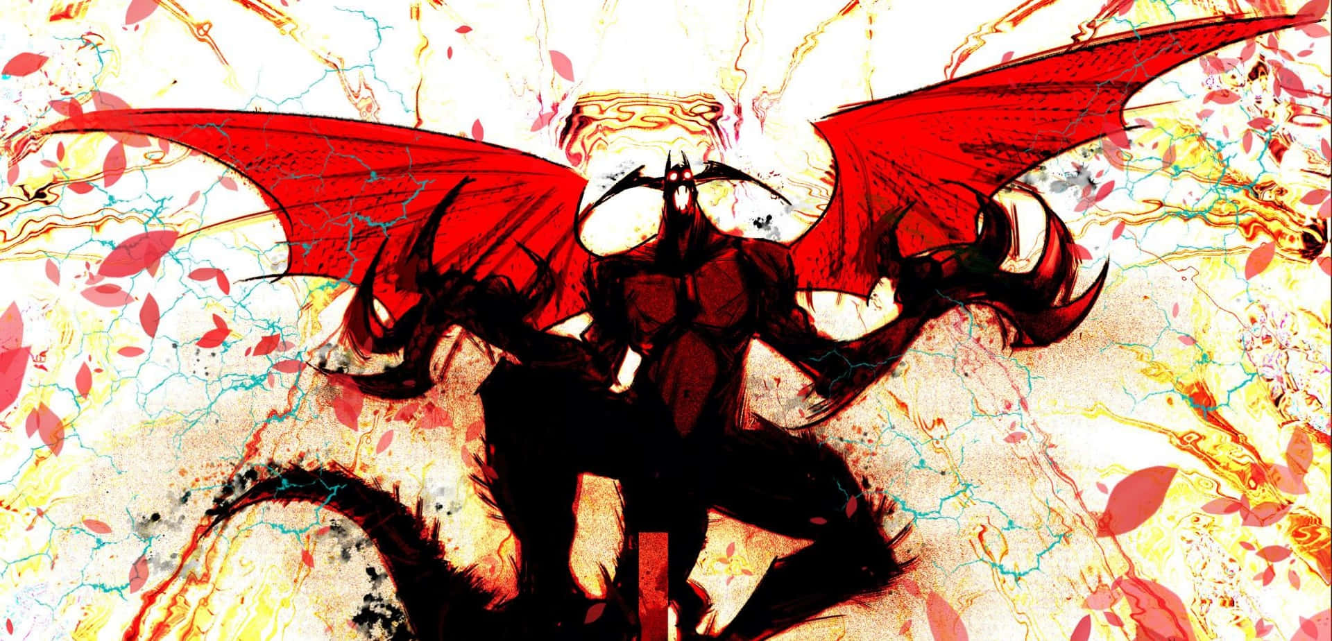 Devilman Crybaby 桌布 壁紙 — 一隻暗翼龍，有紅色翅膀和角，站在飄落的櫻花中，背景是裂開的火焰。