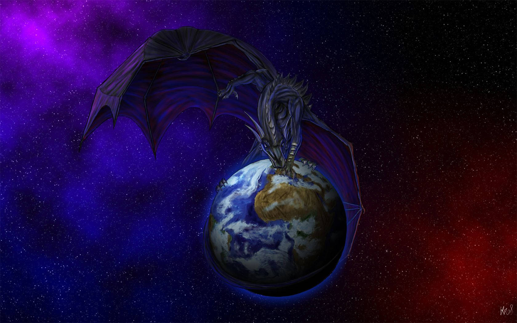 Earth Dragon 桌布 壁紙 — 一隻暗翼龍棲息在發光的地球上，背景是充滿紫色和紅色星星的宇宙星雲。
