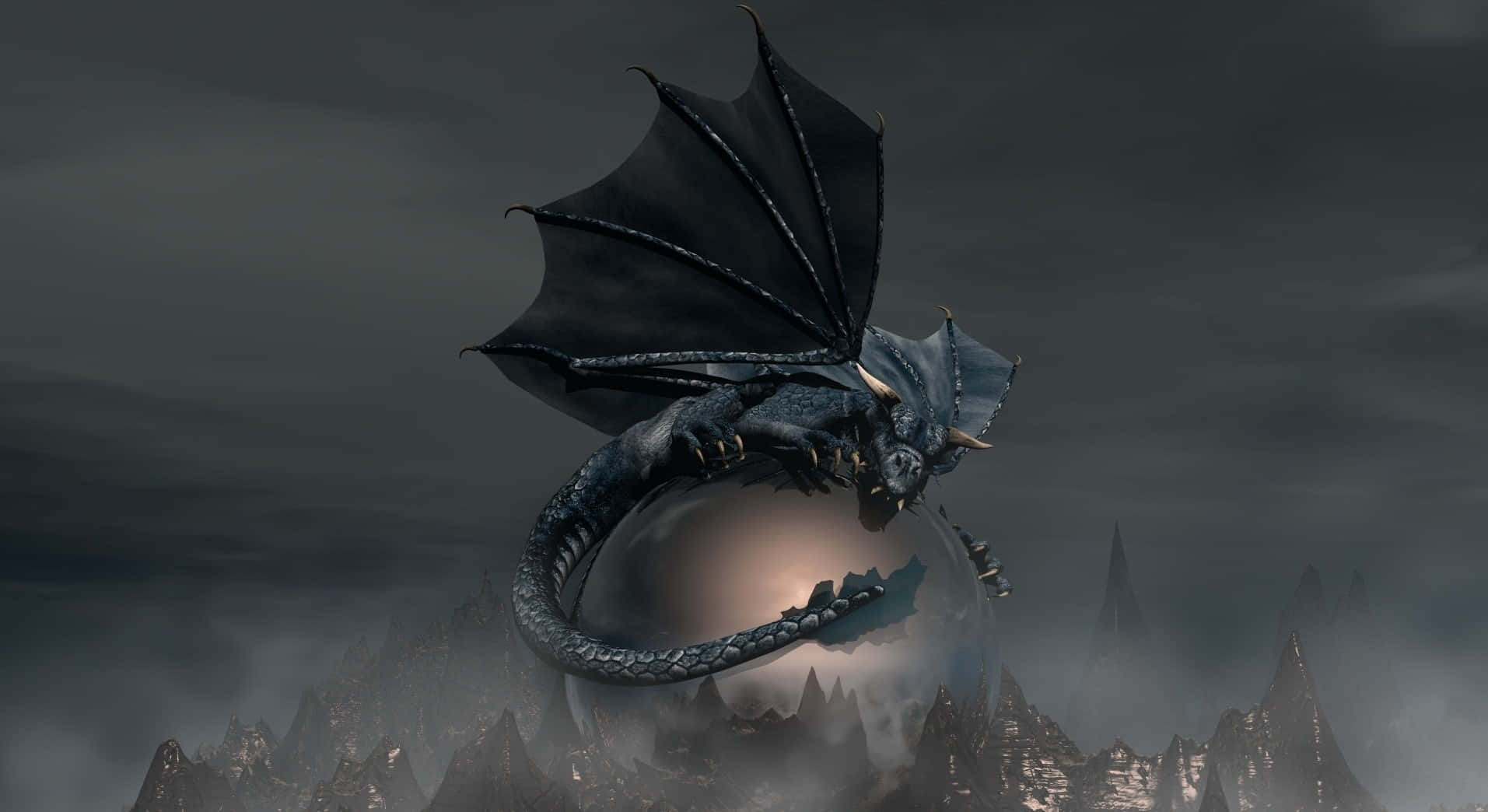 Beautiful Dragon 桌布 壁紙 — 一隻暗色鱗片龍展開翅膀，棲息在一個發光的球體上，周圍是霧氣繚繞的鋸齒狀山脈，天空風暴肆虐。