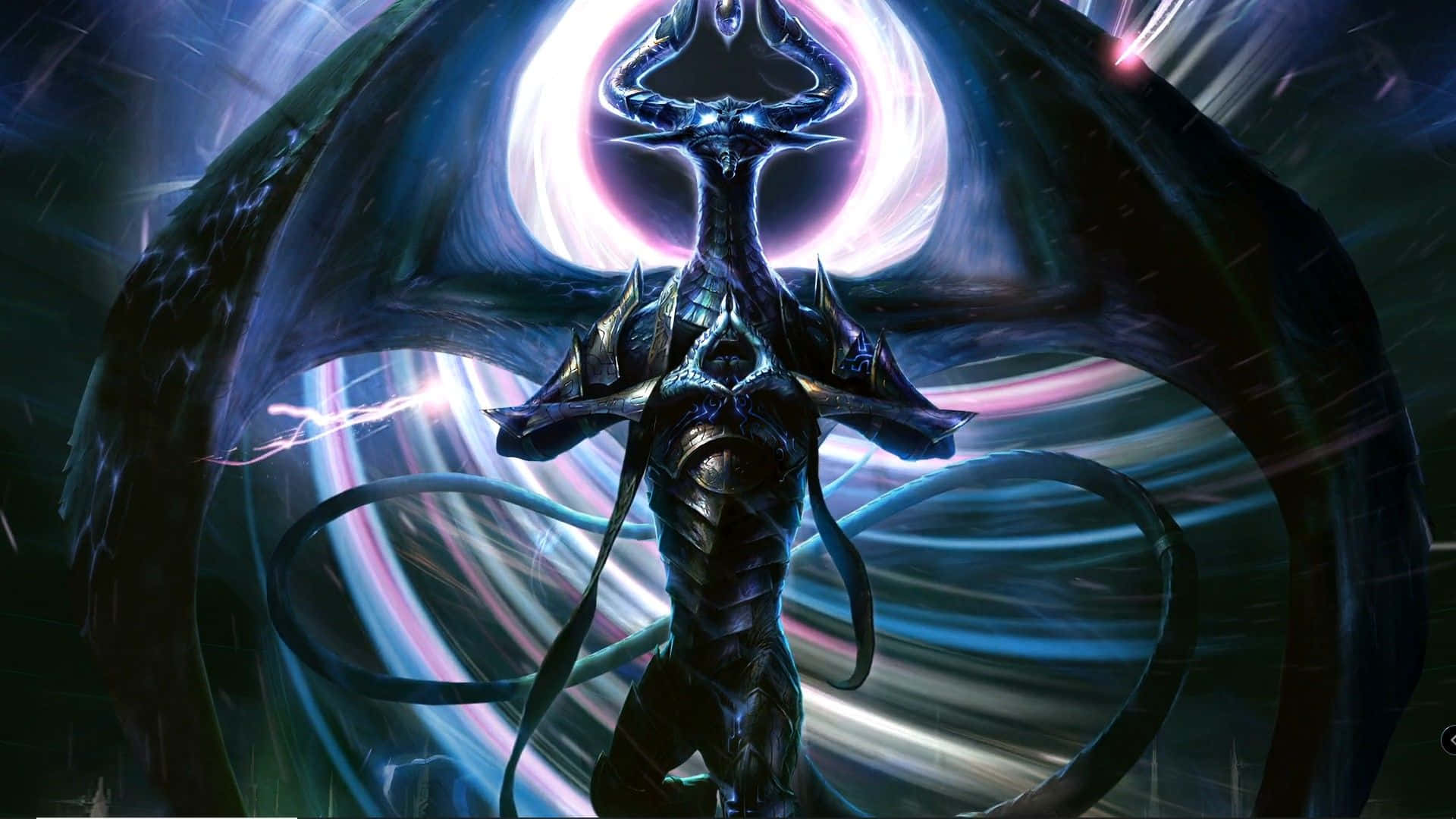 魔法風雲會 桌布 壁紙 — 一隻暗黑裝甲龍，翅膀發光，閃電在其周圍劈啪作響，背景是旋轉的宇宙漩渦。
