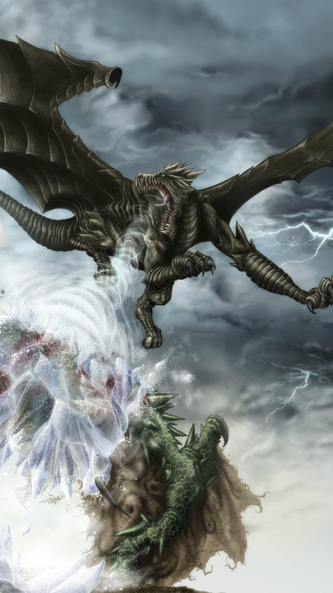 Monster Hunter Phone 桌布 壁紙 — 一隻暗黑裝甲龍在暴風雨中翱翔，釋放閃電，而下方一隻綠色鱗龍噴出冰霜。