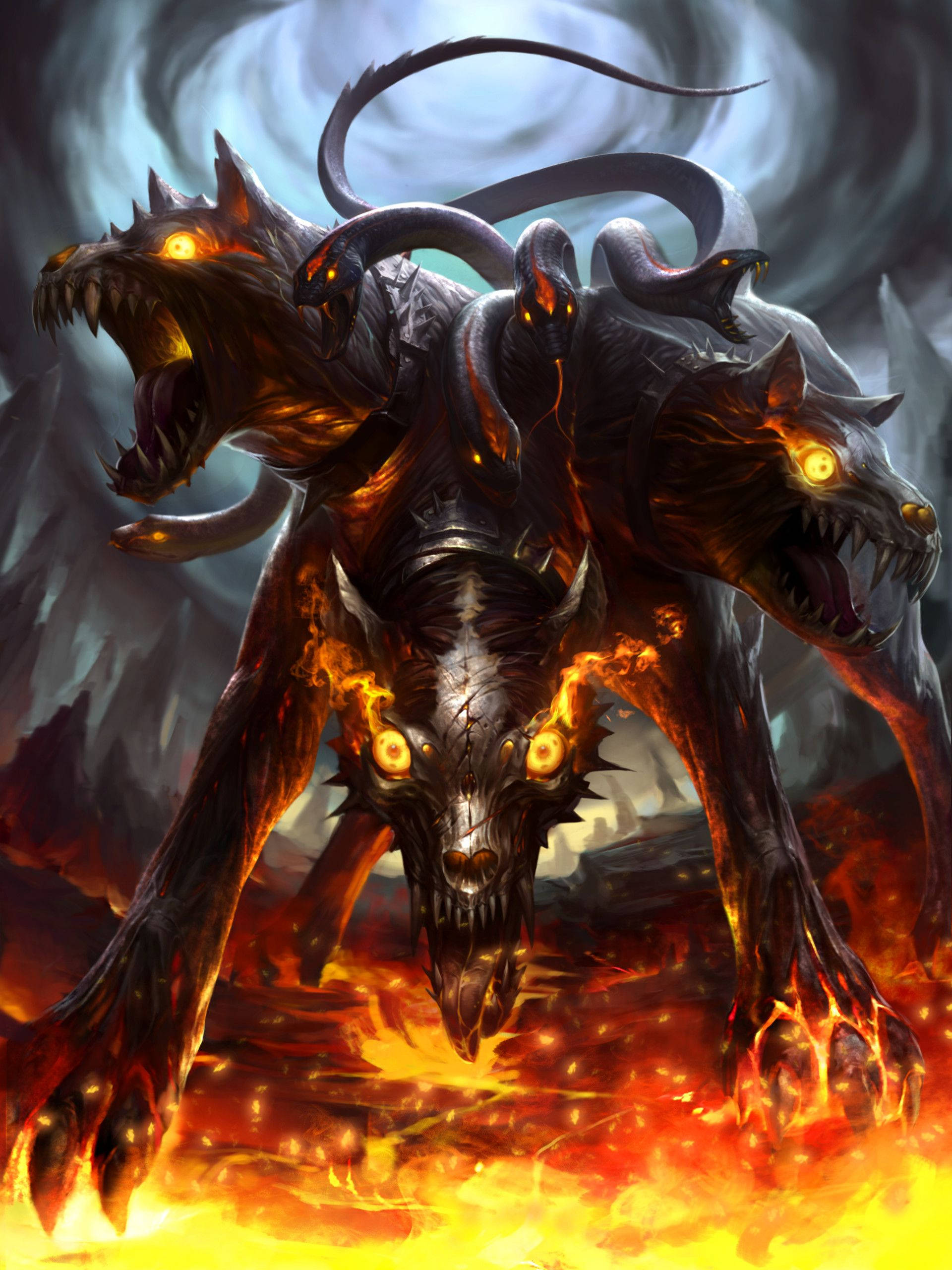 刻耳柏洛斯 桌布 壁紙 — 一隻有三個頭的怪物般的地獄犬，擁有發光的黃色眼睛和火焰般的爪子，站在旋轉的火焰和烏雲之中。
