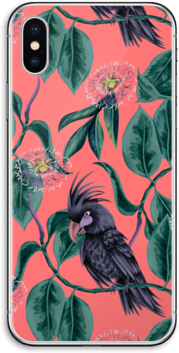 Phone Case 桌布 壁紙 — 一隻有冠的黑色鳥棲息在樹枝上，周圍是茂密的綠葉和粉紅色的西番蓮，背景是珊瑚色。