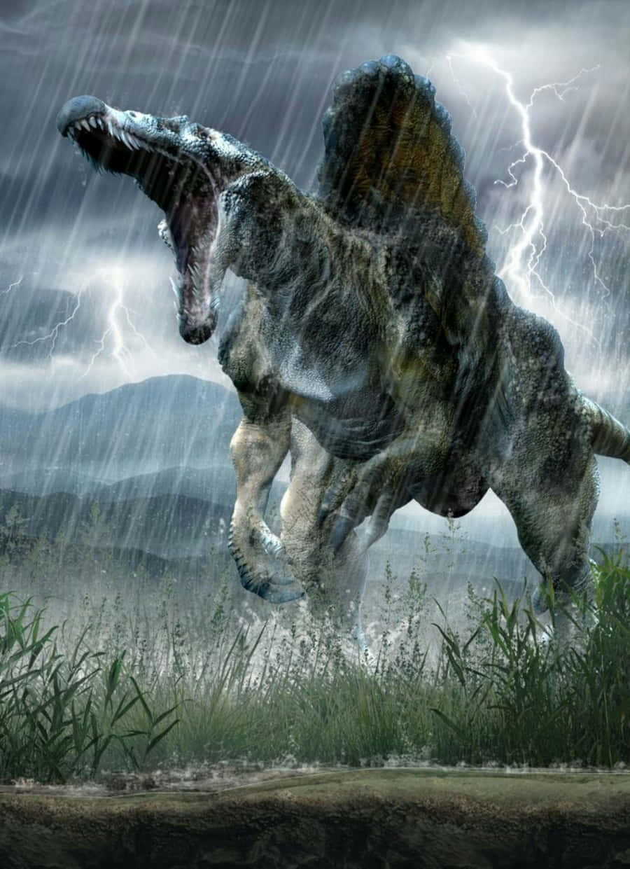  壁紙 — 一隻有刺的恐龍在雷暴中咆哮，閃電在牠身後閃爍，雨水傾瀉在草地上。