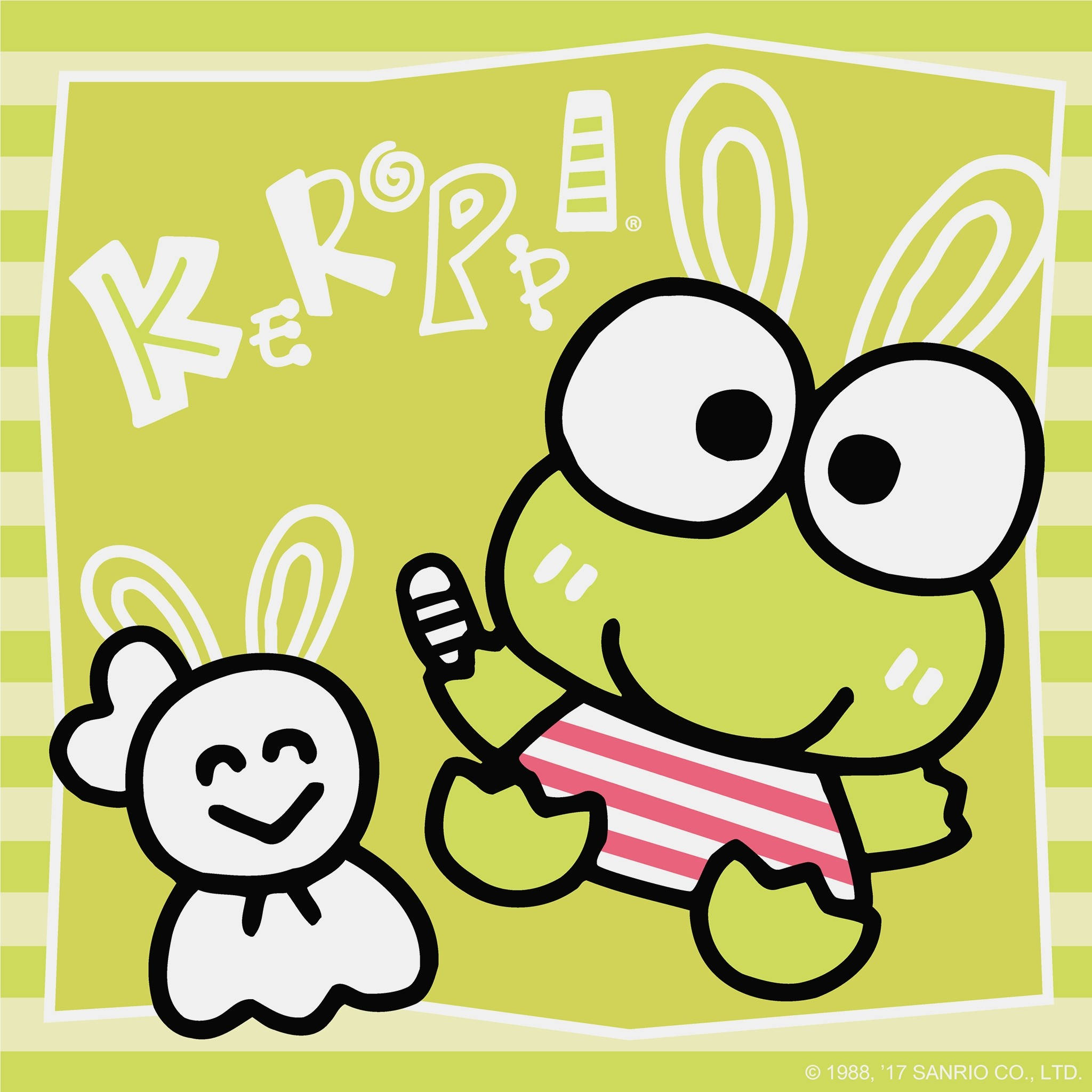 Keroppi 桌布 壁紙 — 一隻有大眼睛的快樂綠色青蛙角色，在萊姆綠背景上，旁邊是一隻穿著條紋襯衫的微笑白色兔子在揮手。