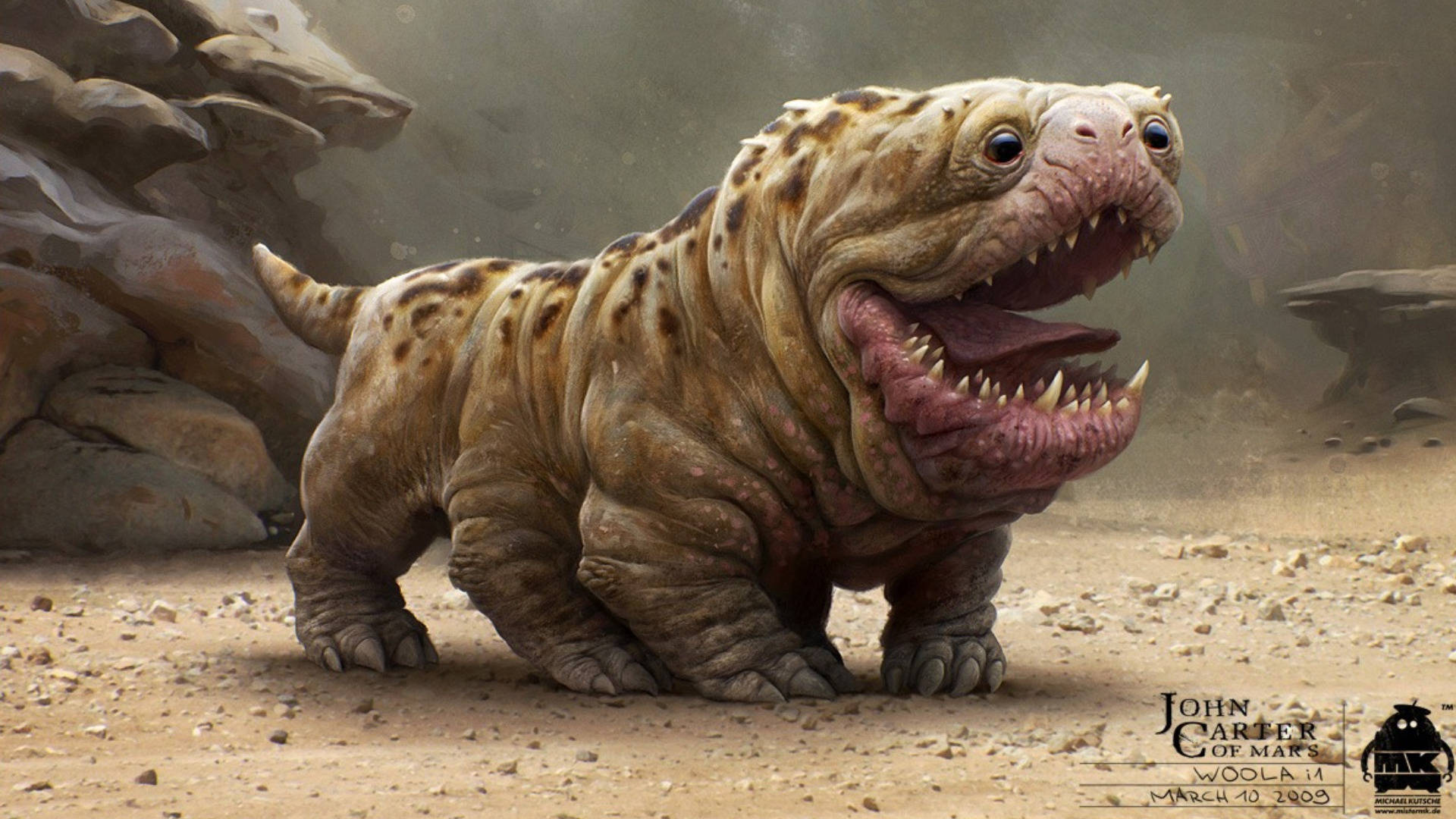 john carter 桌布 壁紙 — 一隻有斑點、四條腿的怪獸外星生物，長著尖牙和大眼睛，在塵土飛揚、岩石遍地的沙漠景觀中咆哮。