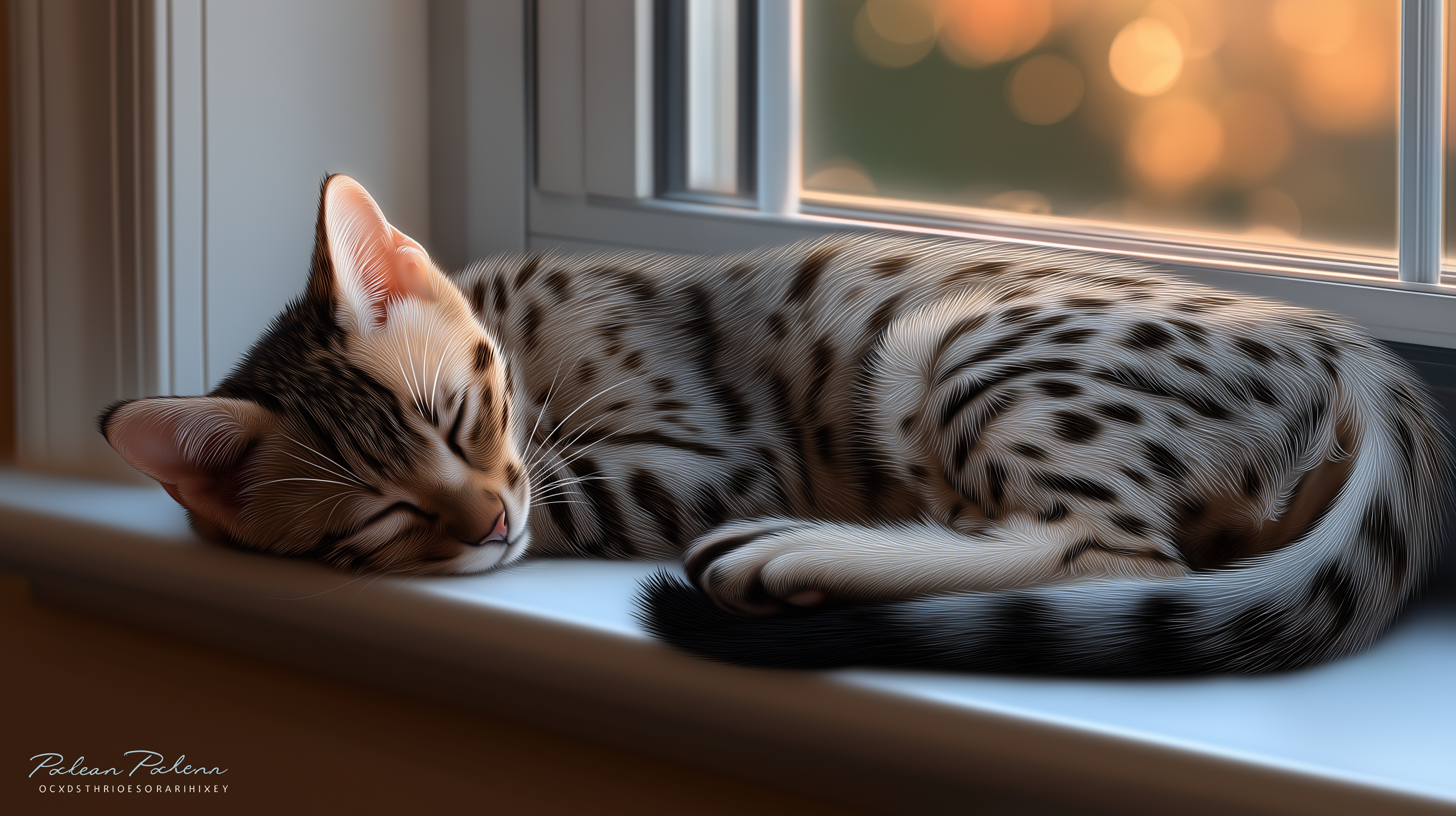 Sleeping 桌布 壁紙 — 一隻有斑點的孟加拉貓在溫暖金色陽光灑落的窗台上安然入睡。