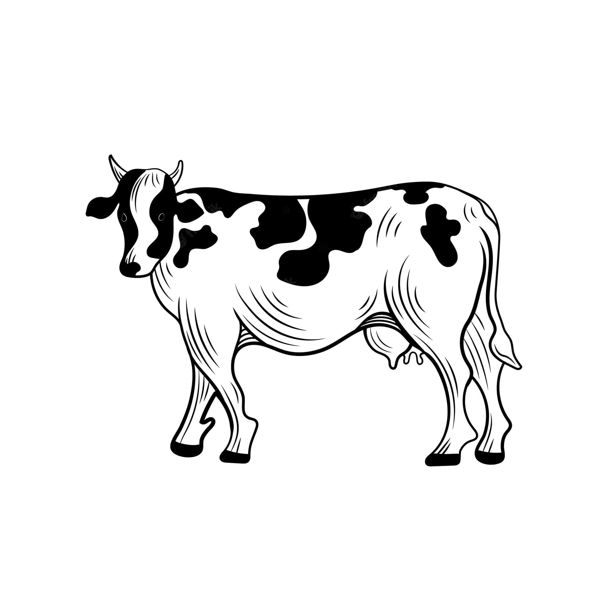 Black And White Cow 桌布 壁紙 — 一隻有斑點的牛側面站立的風格化黑白插圖，帶有詳細的線條作品。