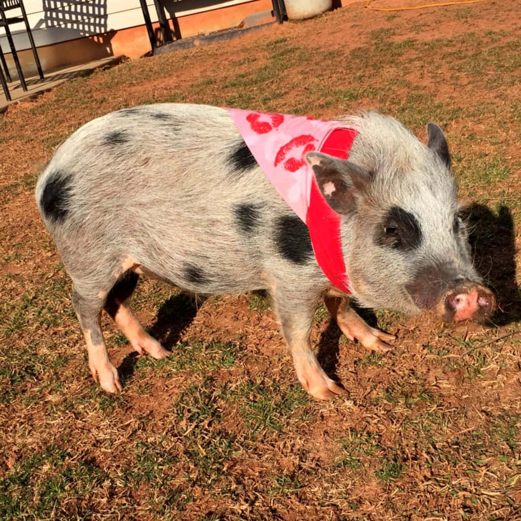 Pig 桌布 壁紙 — 一隻有斑點的豬戴著粉紅色頭巾和紅色嘴唇，站在明亮的陽光下的乾草上。