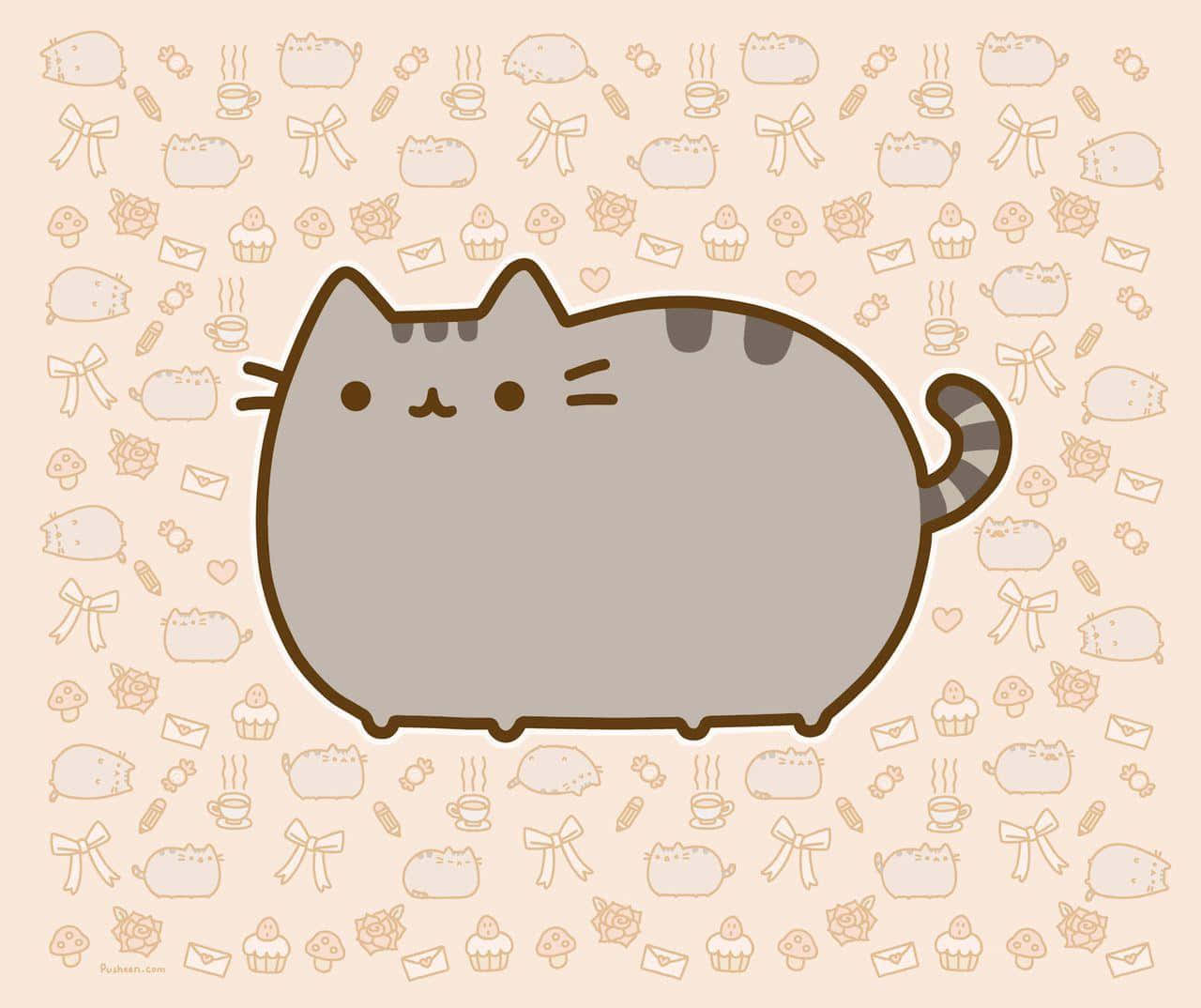 一隻灰色卡通貓咪，有條紋尾巴，背景是甜點和蝴蝶結圖案。 — Pusheen 動圖 壁紙