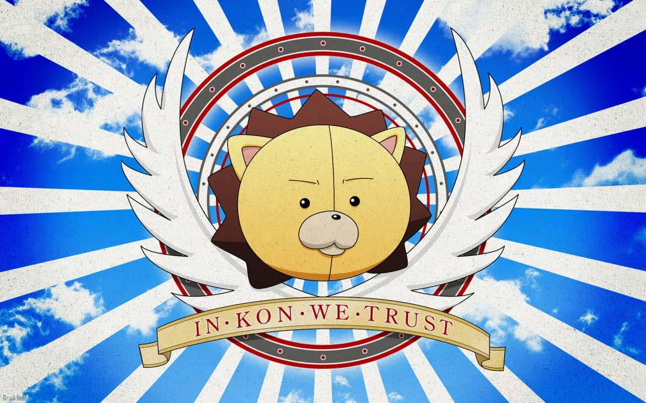 Bleach Kon 桌布 壁紙 — 一隻有白色翅膀的卡通獅子，背景是太陽光芒，舉著一個寫有「IN KON WE TRUST」的橫幅。