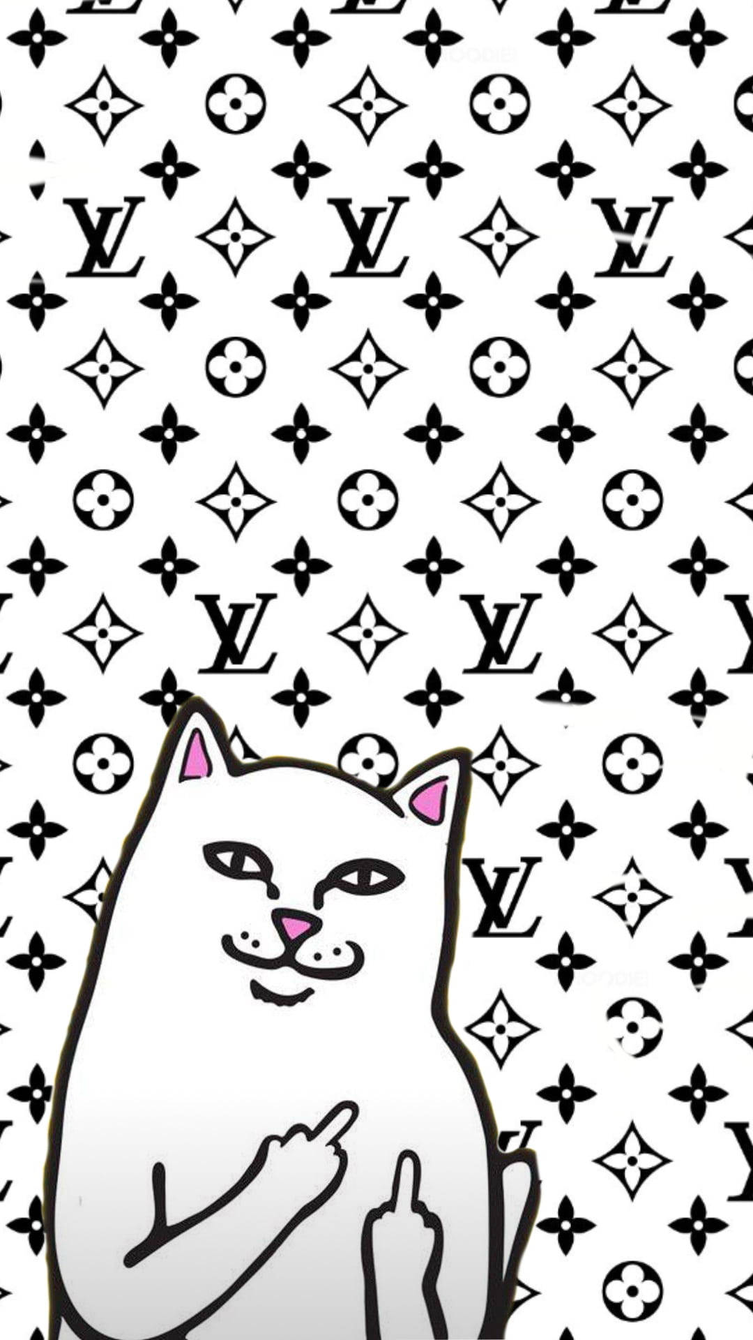 louis vuitton phone 桌布 壁紙 — 一隻有粉紅色耳朵和鼻子的卡通貓在黑白Louis Vuitton monogram圖案背景上指著手指。