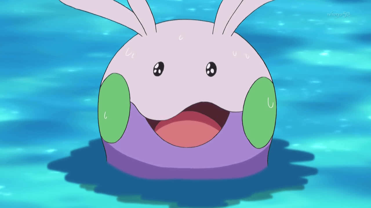 Pokemon Aesthetic 桌布 壁紙 — 一隻有綠色臉頰和紫色身體的開心動漫兔子生物，從藍綠色水中微笑。
