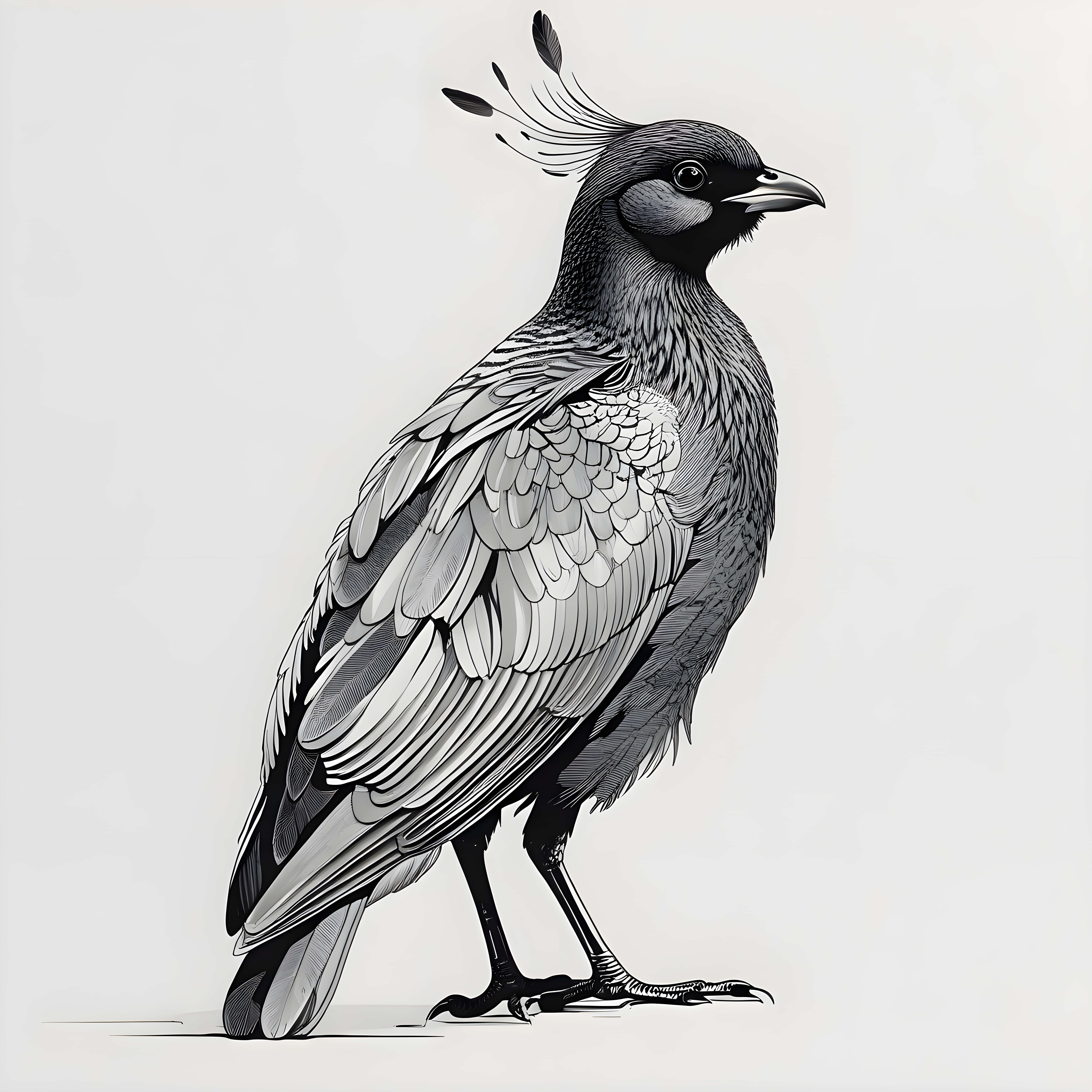 Line art bird photo 壁紙 — 一隻有羽毛冠的風格化鳥站在素色背景上的詳細黑白插圖。