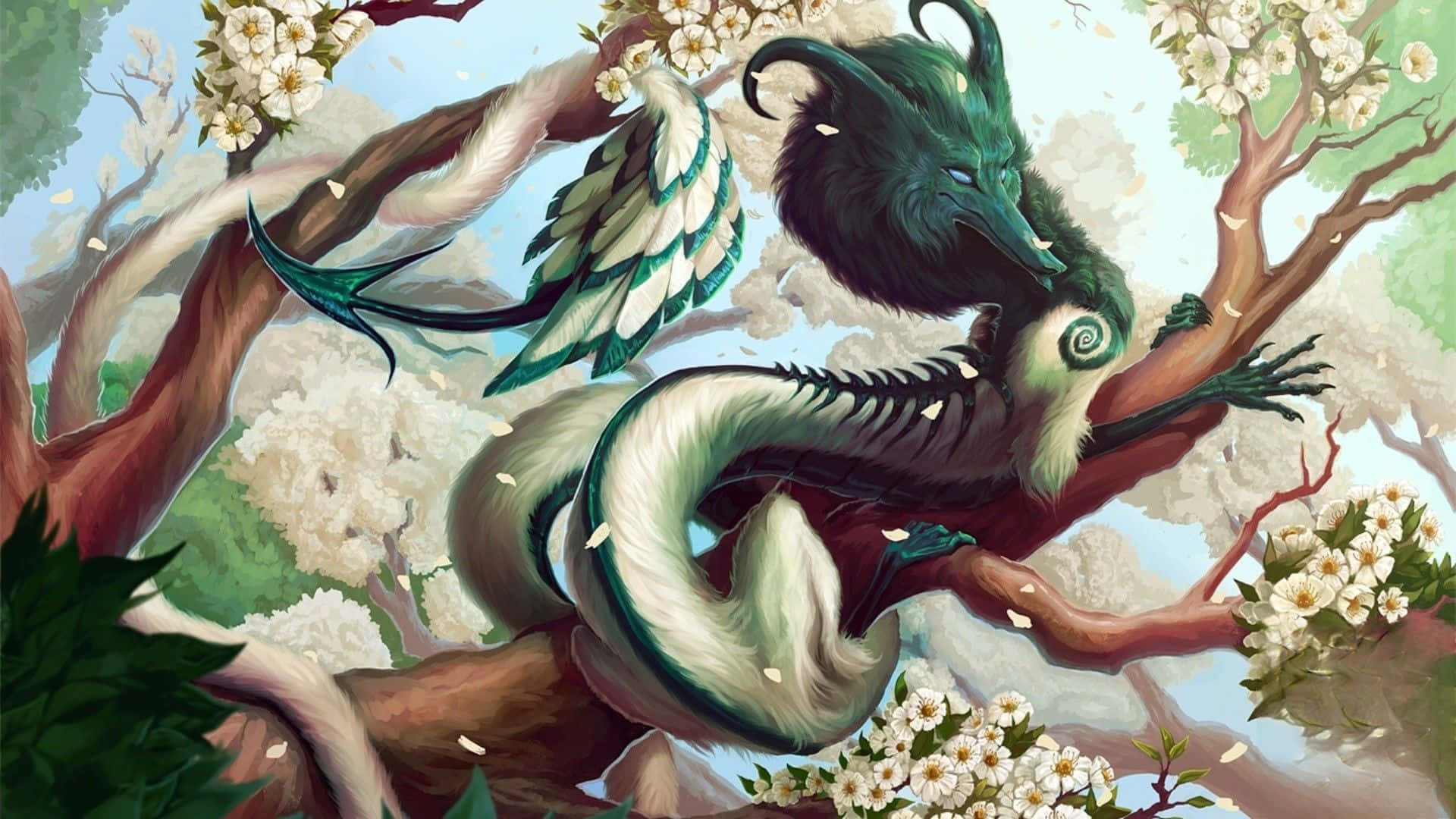 龍 桌布 壁紙 — 一隻有羽毛翅膀的綠白龍優雅地棲息在盛開的櫻花樹之間。