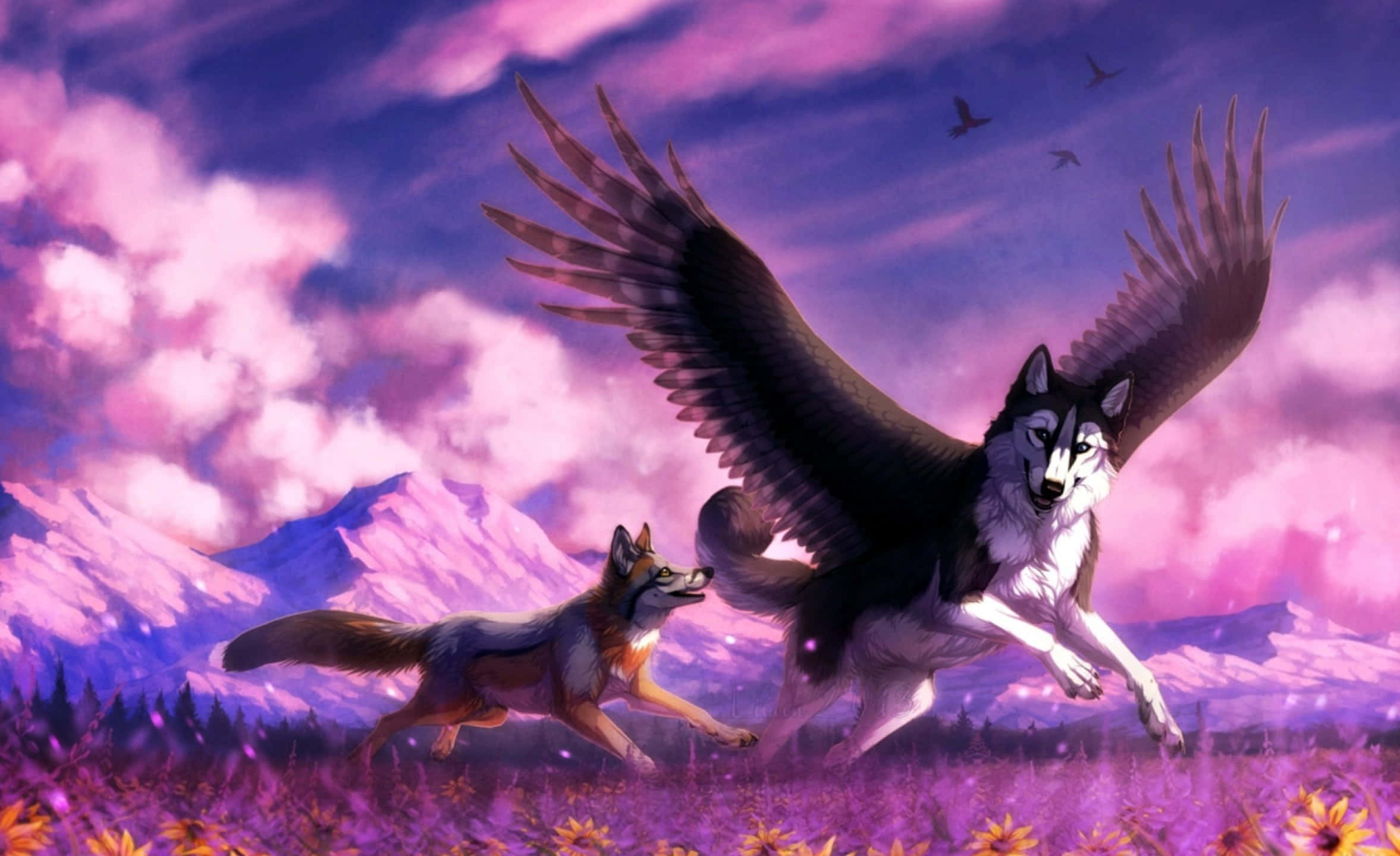 Winged Wolf 桌布 壁紙 — 一隻有翅膀的狼和一隻狐狸在夢幻的粉紅和紫色天空下，穿過一片紫色花朵的田野，遠處有山巒。