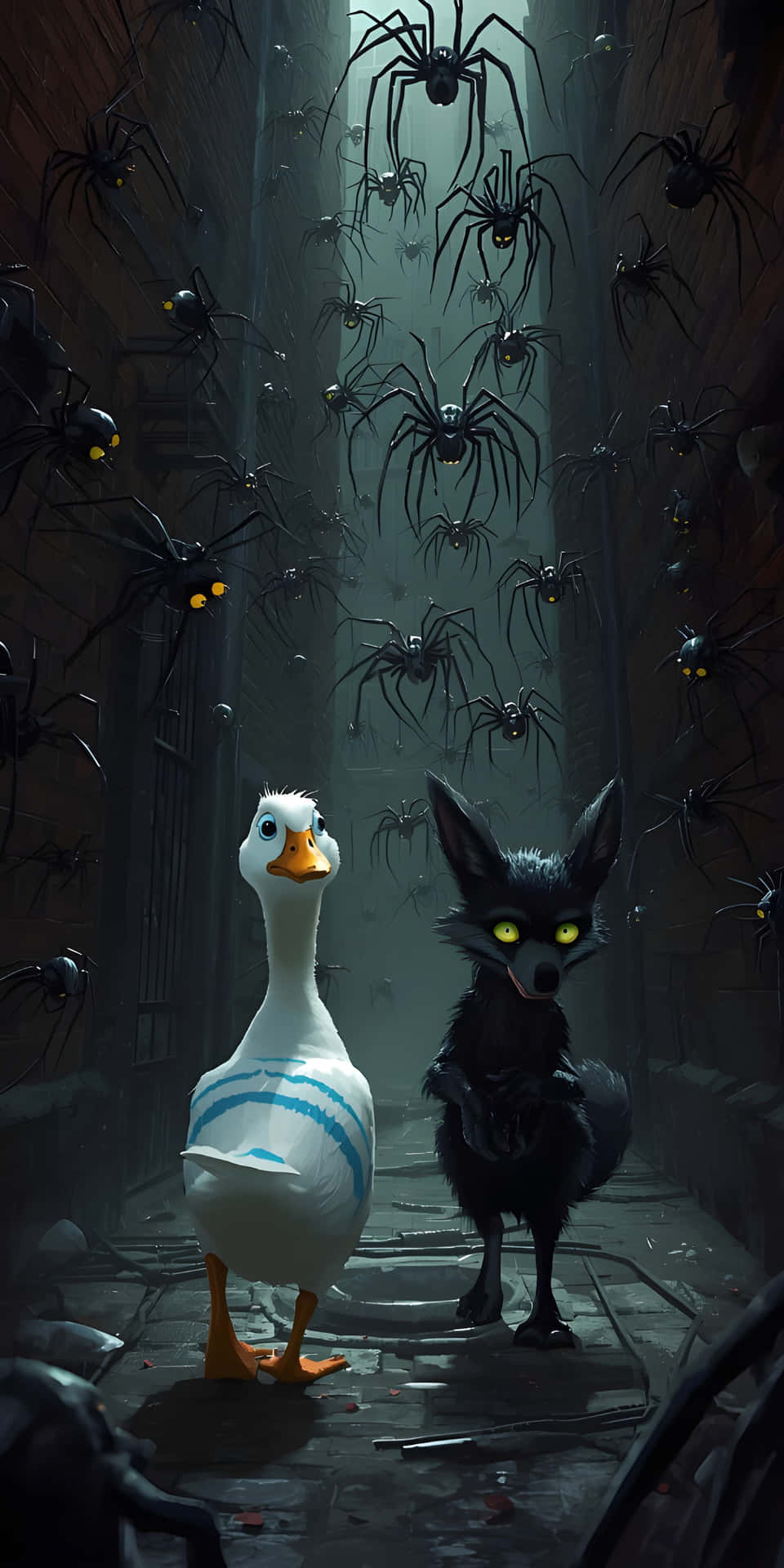 Fearless Mysterious Journey of Duck and Fox through Spider and Fox in Spider Alley Fantasy Wallpaper 壁紙 — 一隻有藍色條紋的白鴨和一隻有發光眼睛的黑狐狸站在一條狹窄的小巷裡，周圍有無數的大蜘蛛。