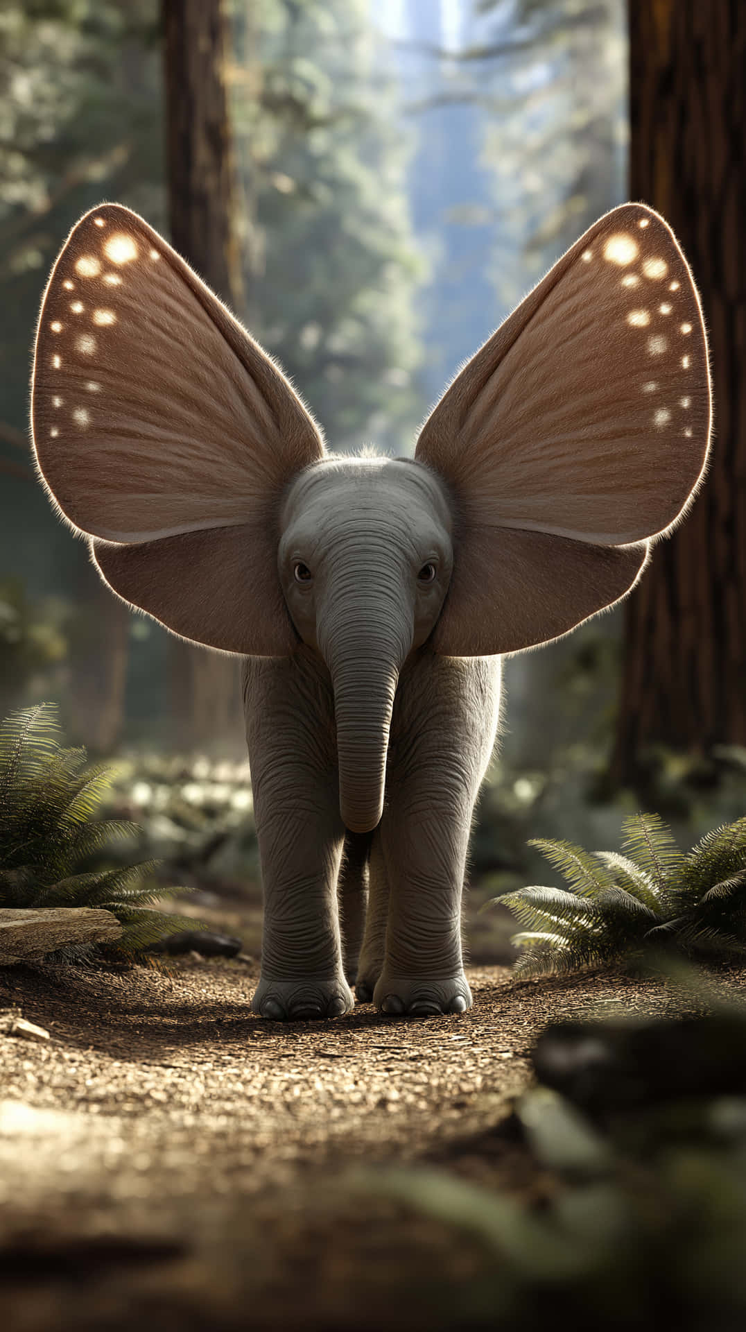Charming Baby Elephant with Grand Moth-Like Wings 壁紙 — 一隻有蝴蝶翅膀的小象站在陽光明媚的森林空地中，周圍是蕨類植物和高大的樹木。