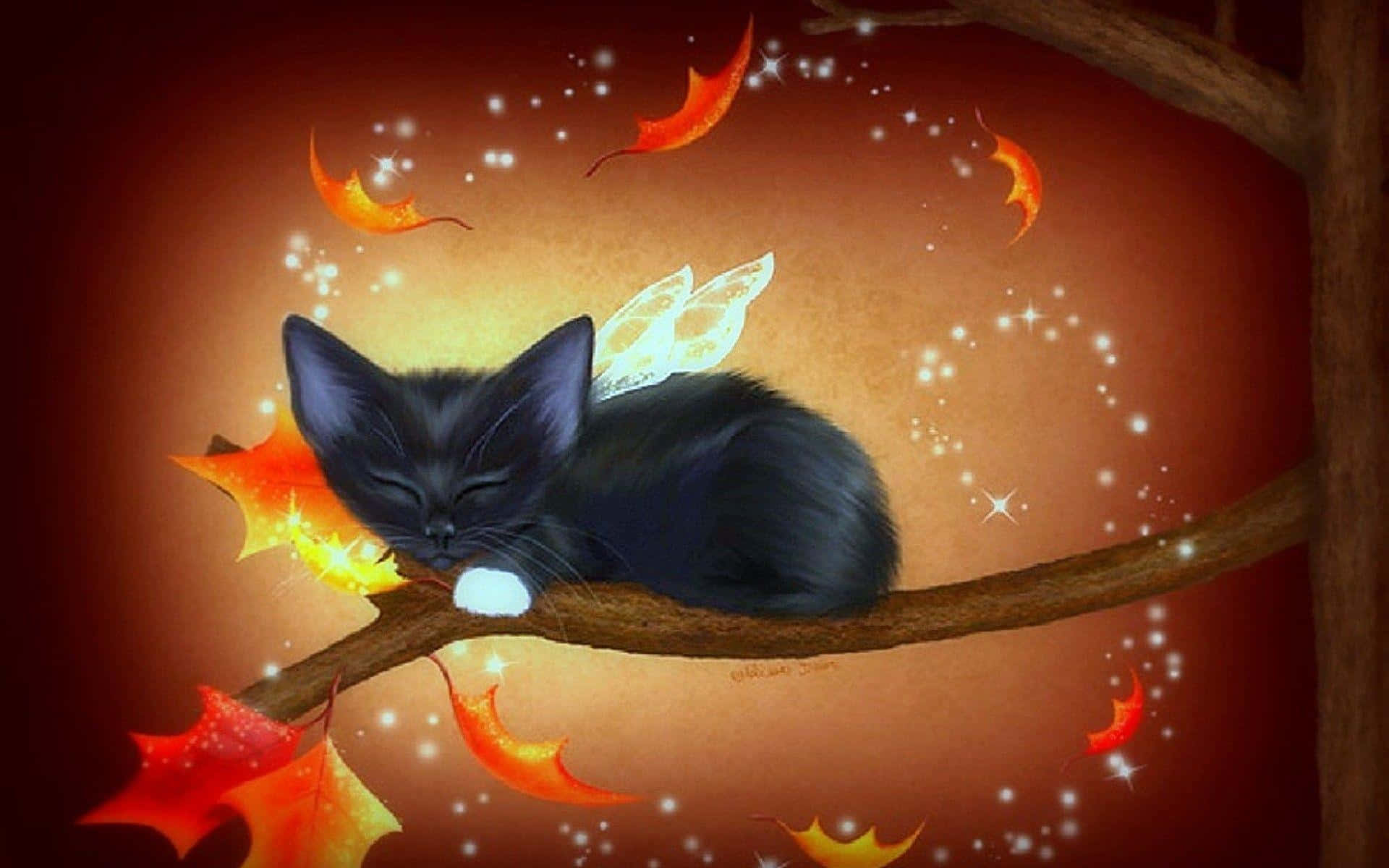 Black Cat Halloween 桌布 壁紙 — 一隻有蝴蝶翅膀的黑色小貓在樹枝上平靜地睡覺，周圍是發光的秋葉和閃爍的燈光。