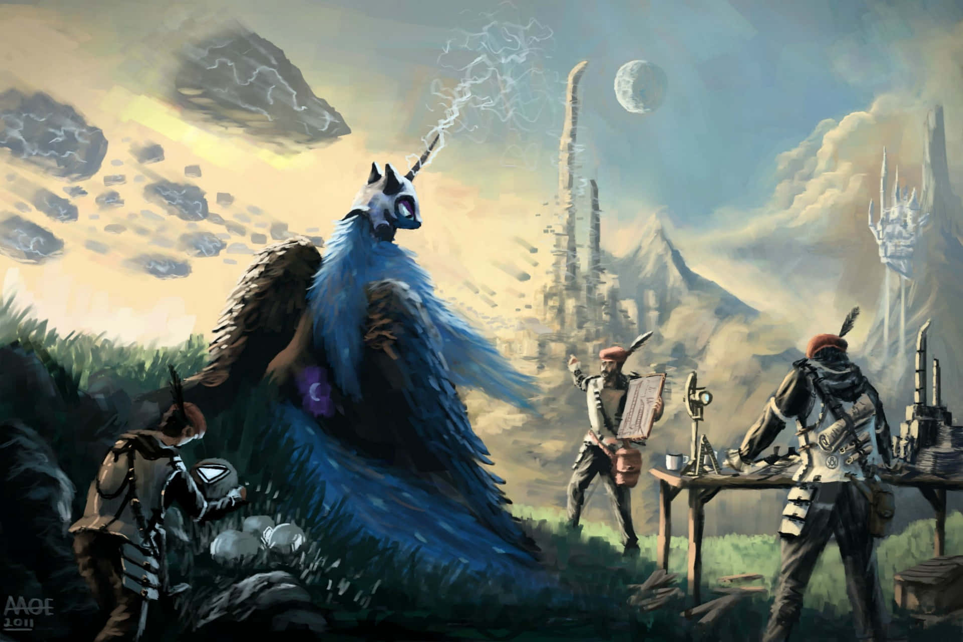 Nightmare Moon 桌布 壁紙 — 一隻有角頭的巨大藍色羽毛生物站在浮石和遠處尖塔之間，冒險者們聚集在一張桌子周圍，身處奇幻的外星景觀中。