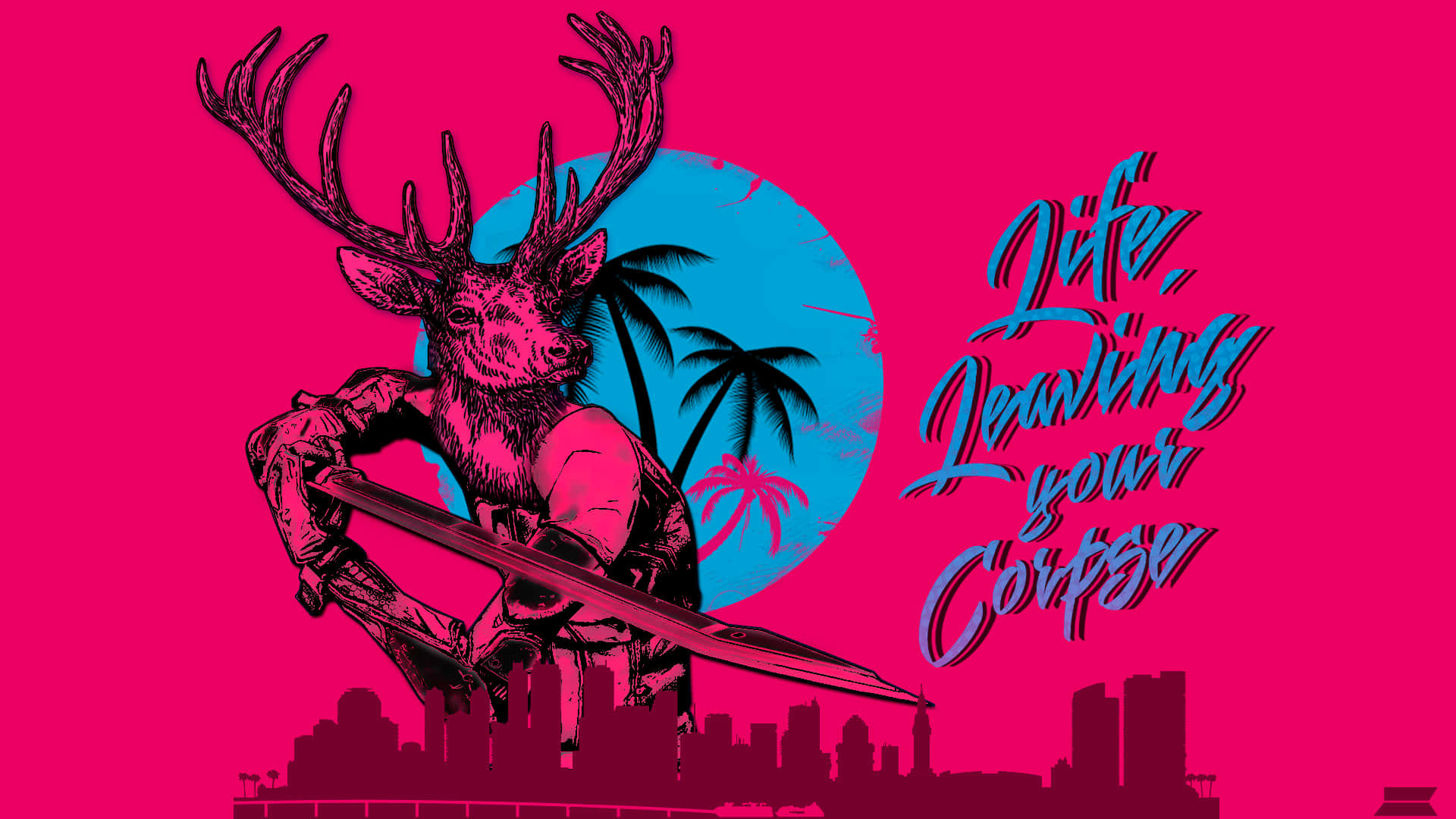 Hotline Miami 桌布 壁紙 — 一隻有鹿角的風格化鹿在充滿活力的粉紅色背景上揮舞著劍，背景有藍色月亮和棕櫚樹。