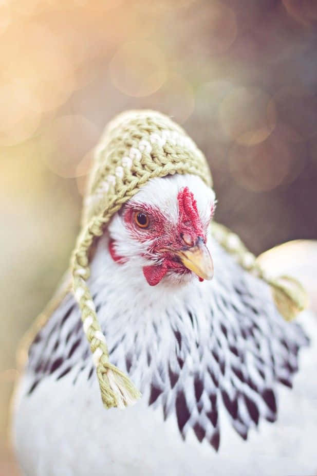 動物 桌布 壁紙 — 一隻有黑色斑點的白雞的特寫，戴著淺綠色針織帽，帽有辮子耳罩。