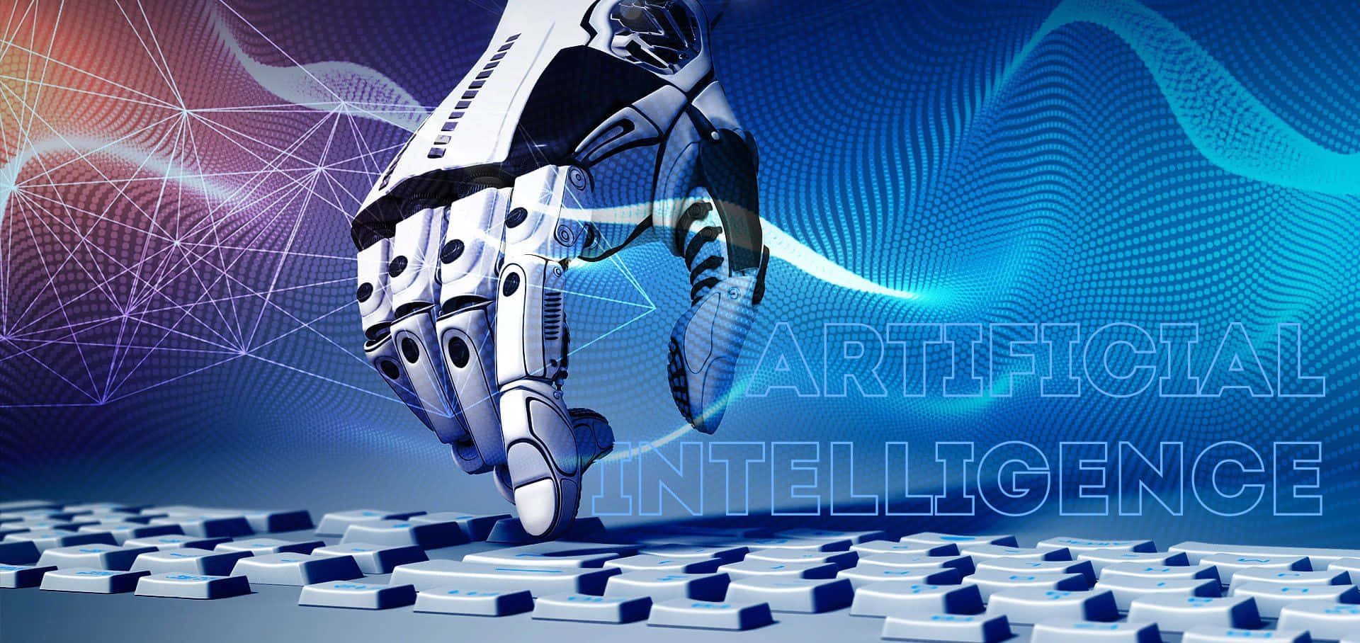 AI 桌布 壁紙 — 一隻未來風格的機械手在旋轉的藍色和紫色數據流背景上按下發光的數字鍵盤。