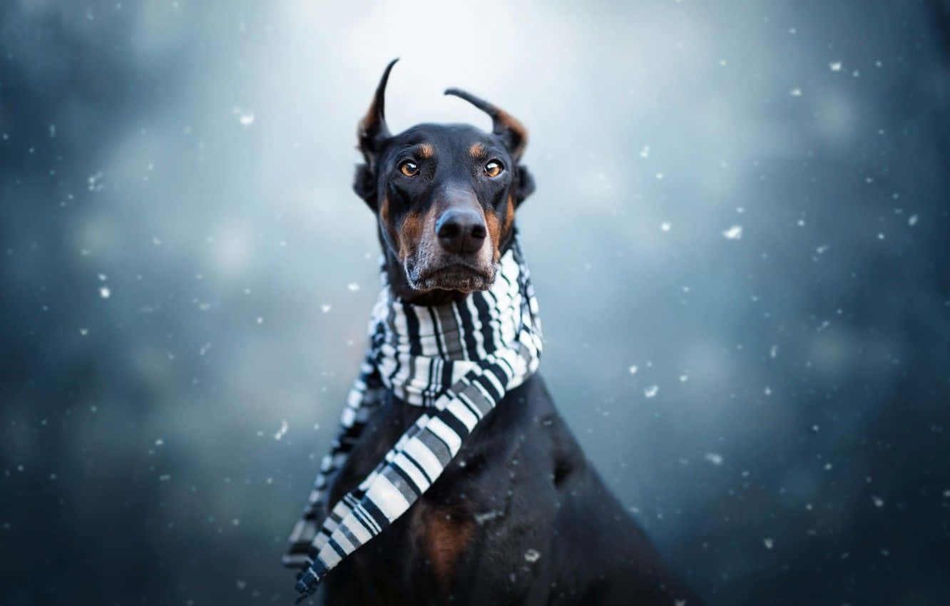Doberman 桌布 壁紙 — 一隻杜賓犬戴著條紋圍巾，站在雪景中，雪花飄落，背景是模糊的冰面。