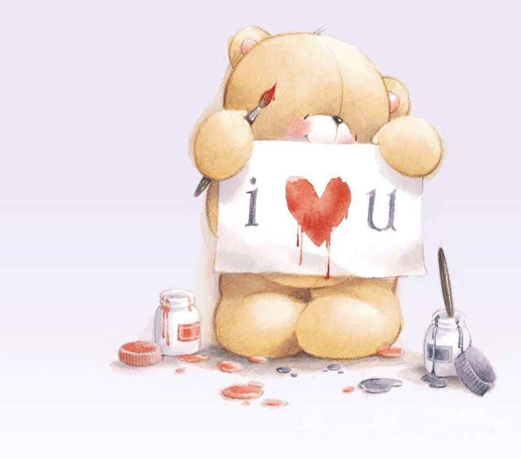 Kawaii Bear 桌布 壁紙 — 一隻柔和的水彩泰迪熊拿著一個牌子，在「i」和「u」之間有一個滴落的紅色心形，周圍是繪畫用品。