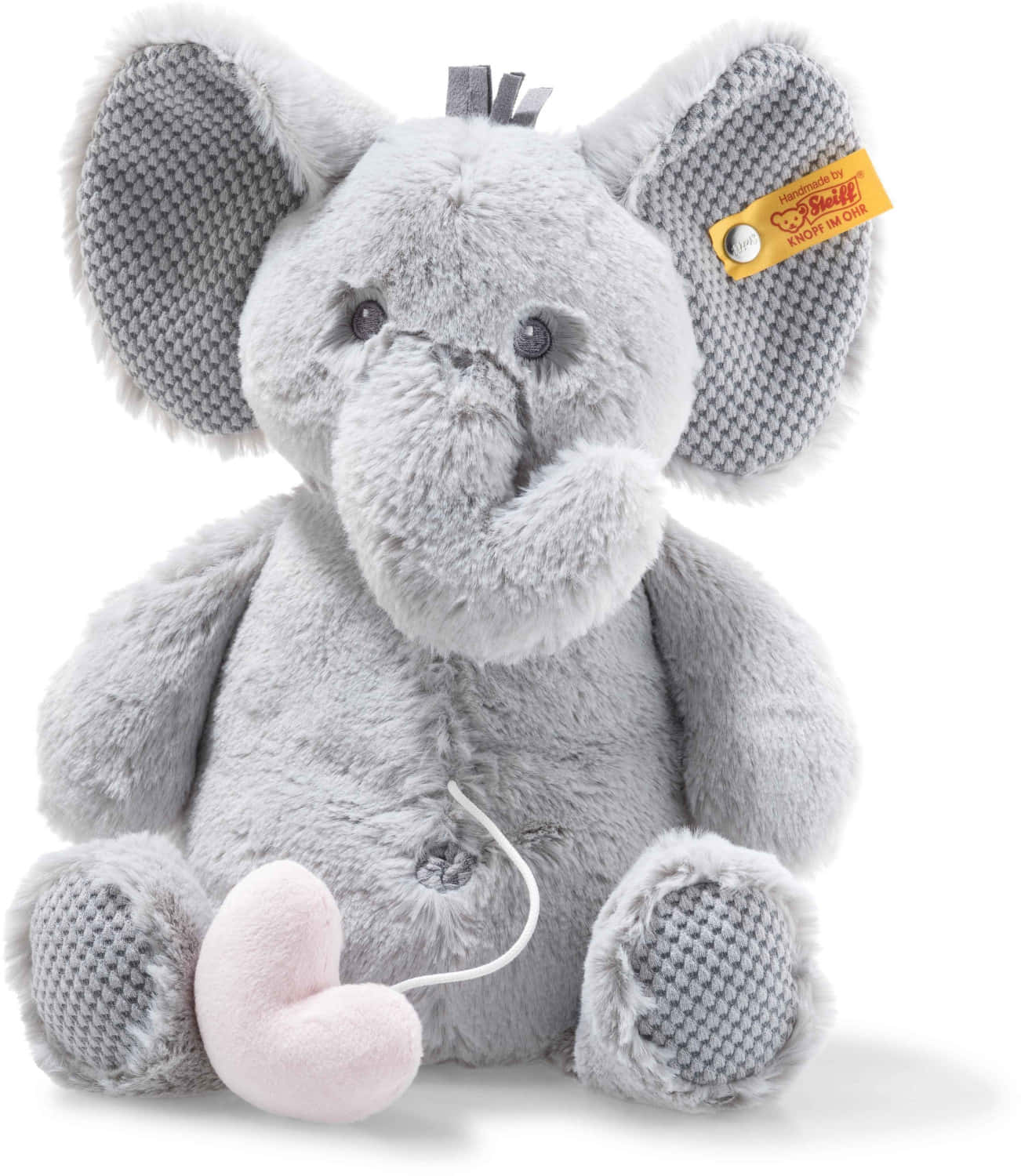 Cuddly 桌布 壁紙 — 一隻柔軟灰色毛絨大象玩具坐在乾淨的白色背景前，抱著一個粉紅色心形枕頭。
