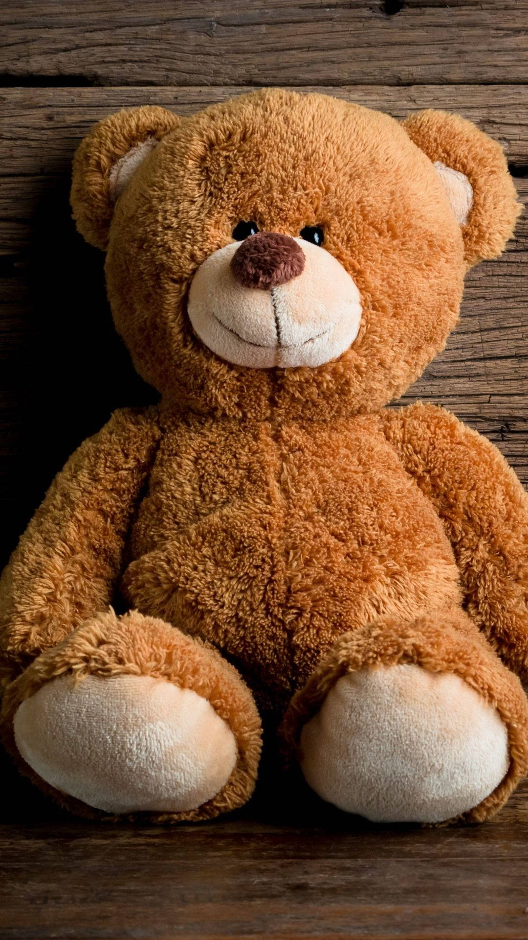 Teddy Bear 桌布 壁紙 — 一隻柔軟的棕色泰迪熊帶著溫柔的微笑，直坐在質樸的木質背景前。